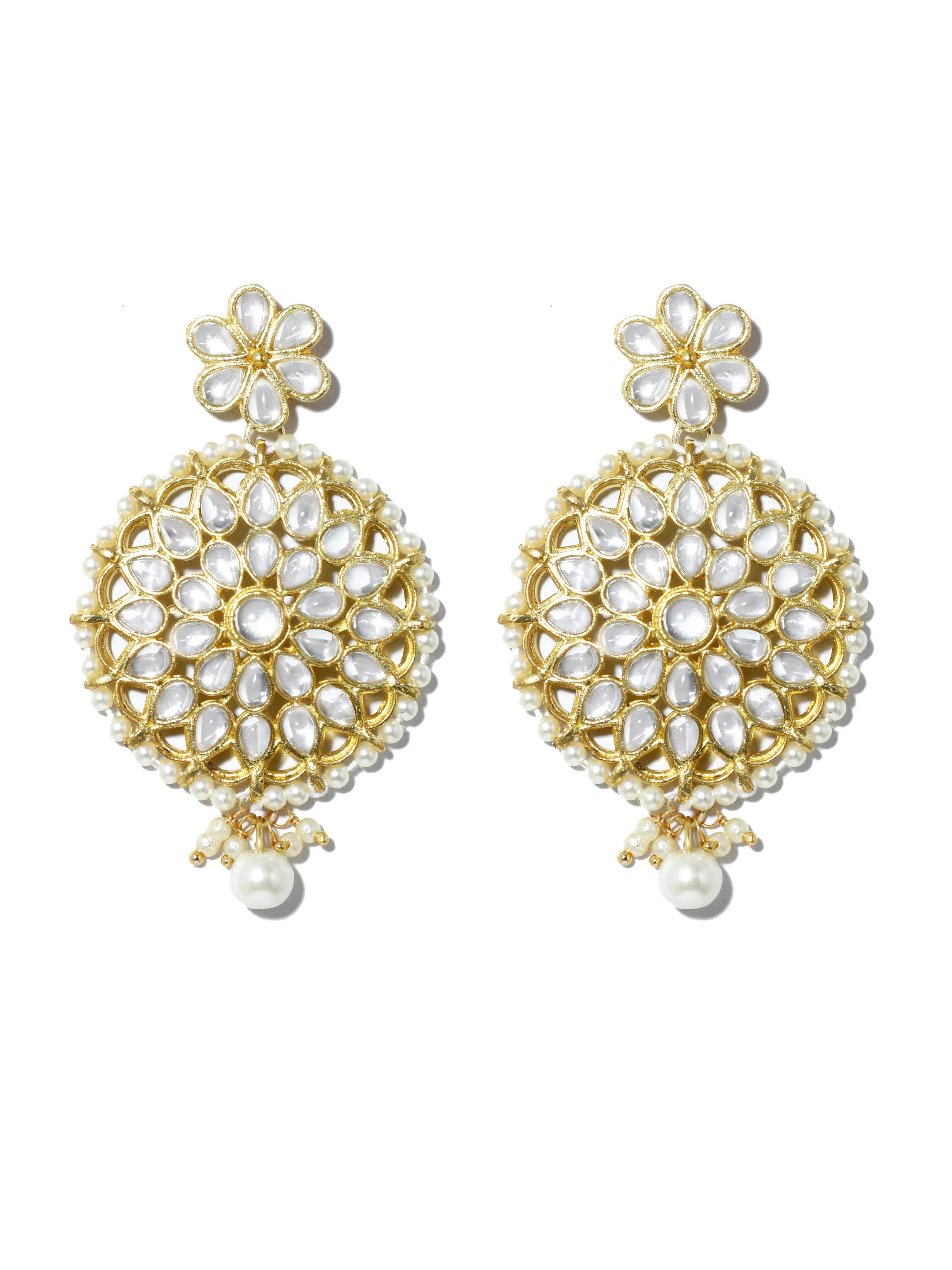 Gold Plated Pearl Bead Kundan Dangler Earrings