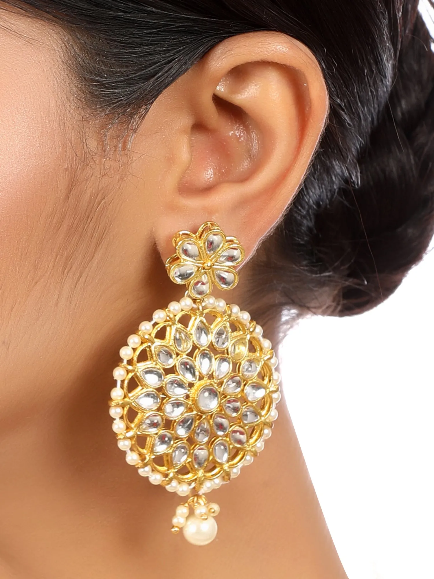 Gold Plated Pearl Bead Kundan Dangler Earrings