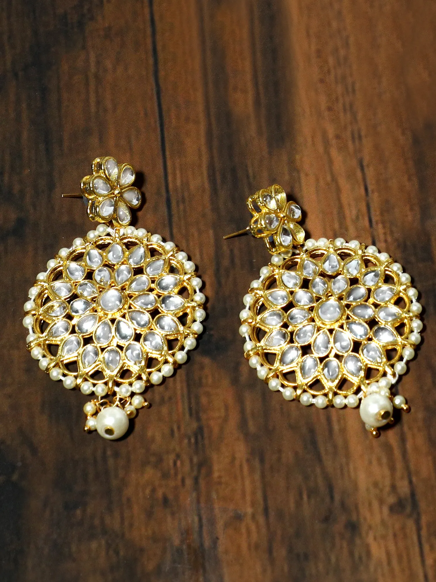 Gold Plated Pearl Bead Kundan Dangler Earrings