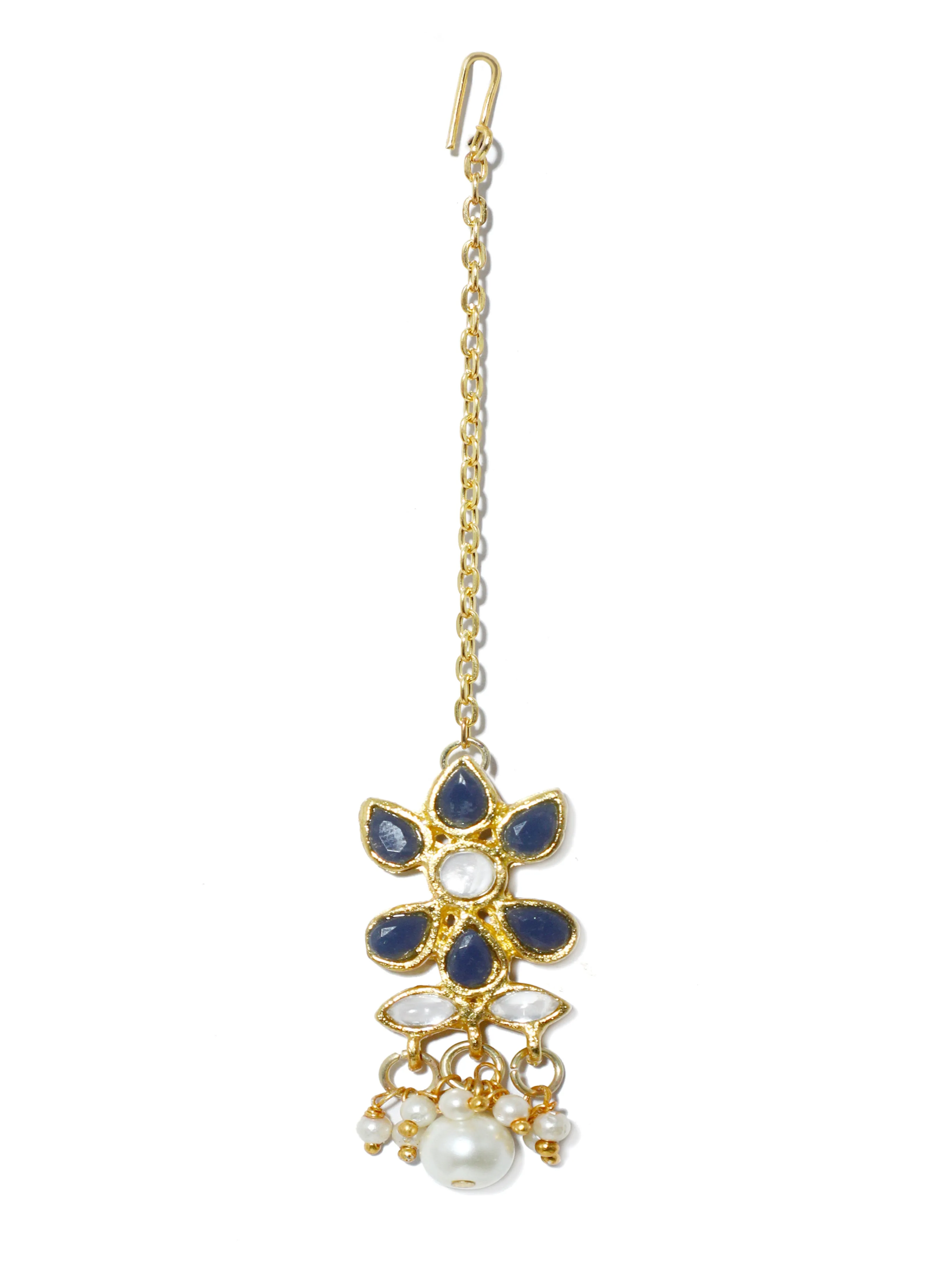 Gold Plated Pearl Bead Navy Blue Kundan Dangler Earrings with Maangtikka