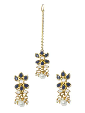 Gold Plated Pearl Bead Navy Blue Kundan Dangler Earrings with Maangtikka