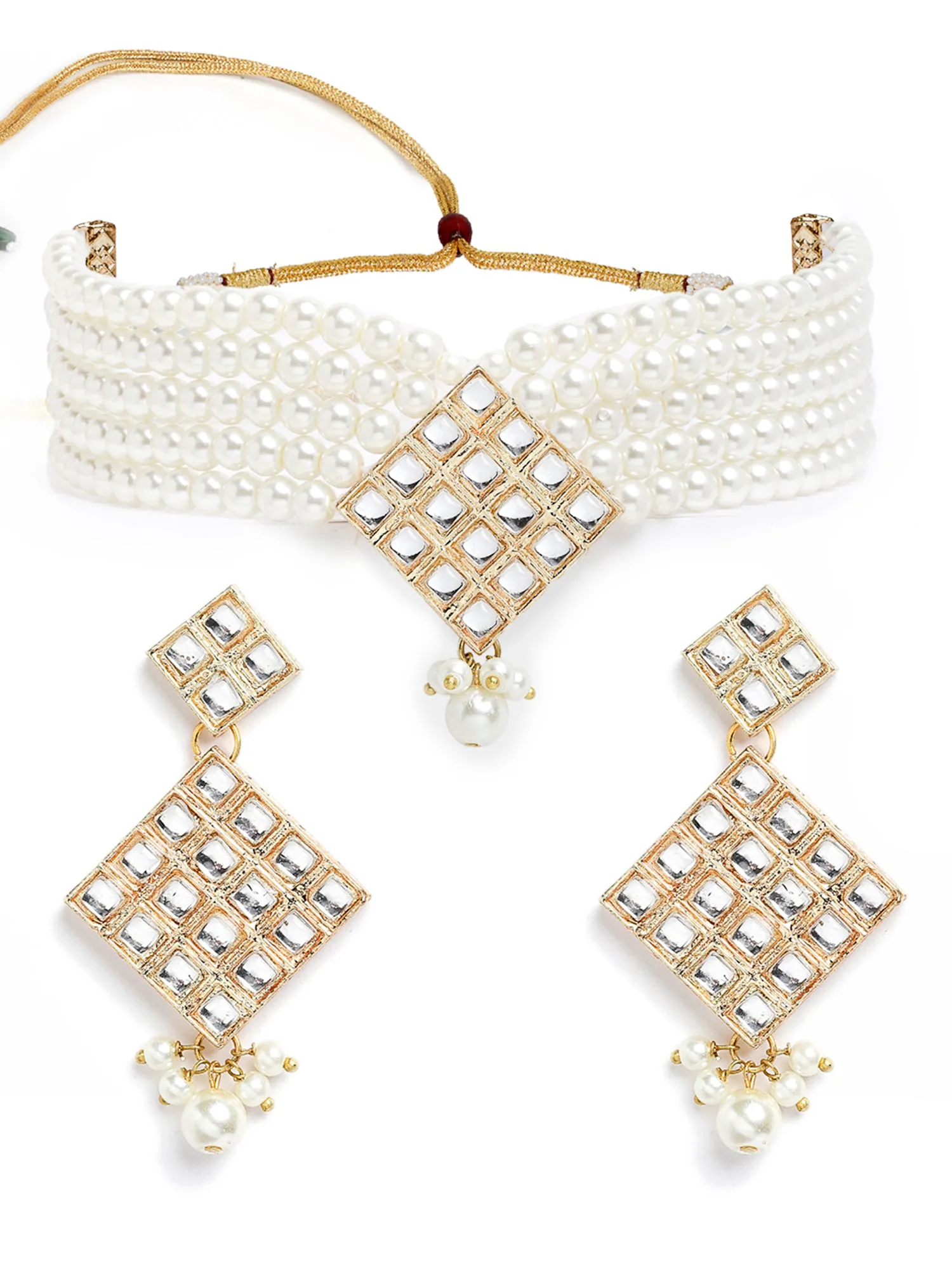 Gold Plated Pearl Beaded Kundan Choker Necklace Set