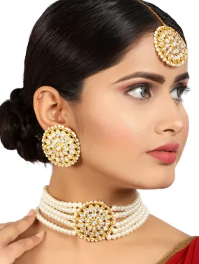 Gold Plated Pearl Beads Kundan Choker Necklace Set