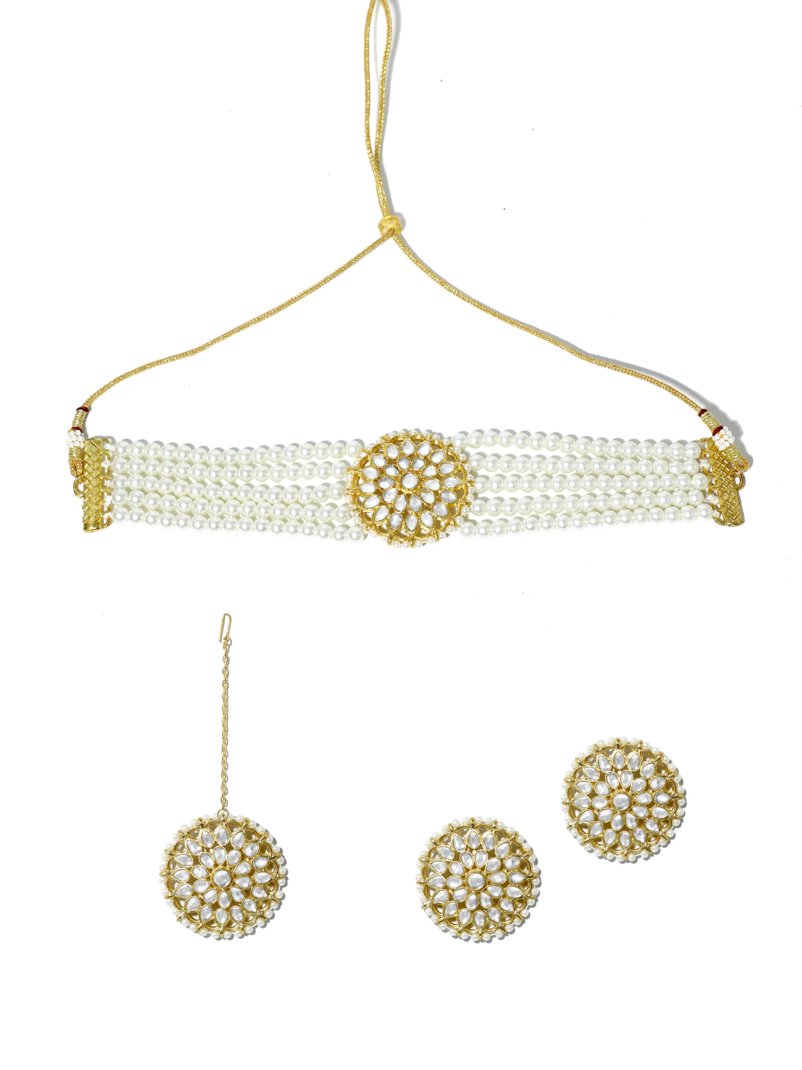 Gold Plated Pearl Beads Kundan Choker Necklace Set