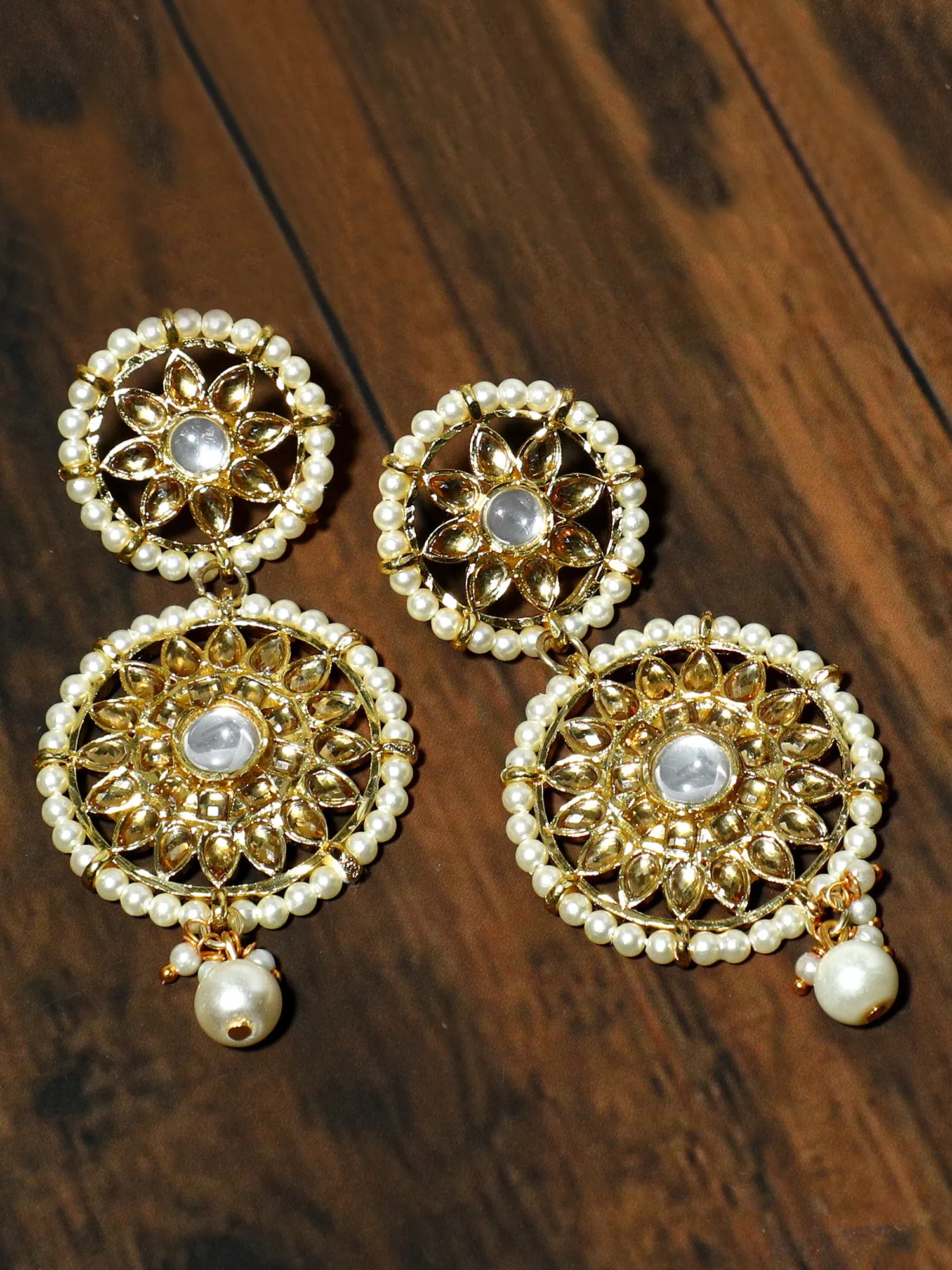 Gold Plated Pearl Beads Kundan Dangler Earrings