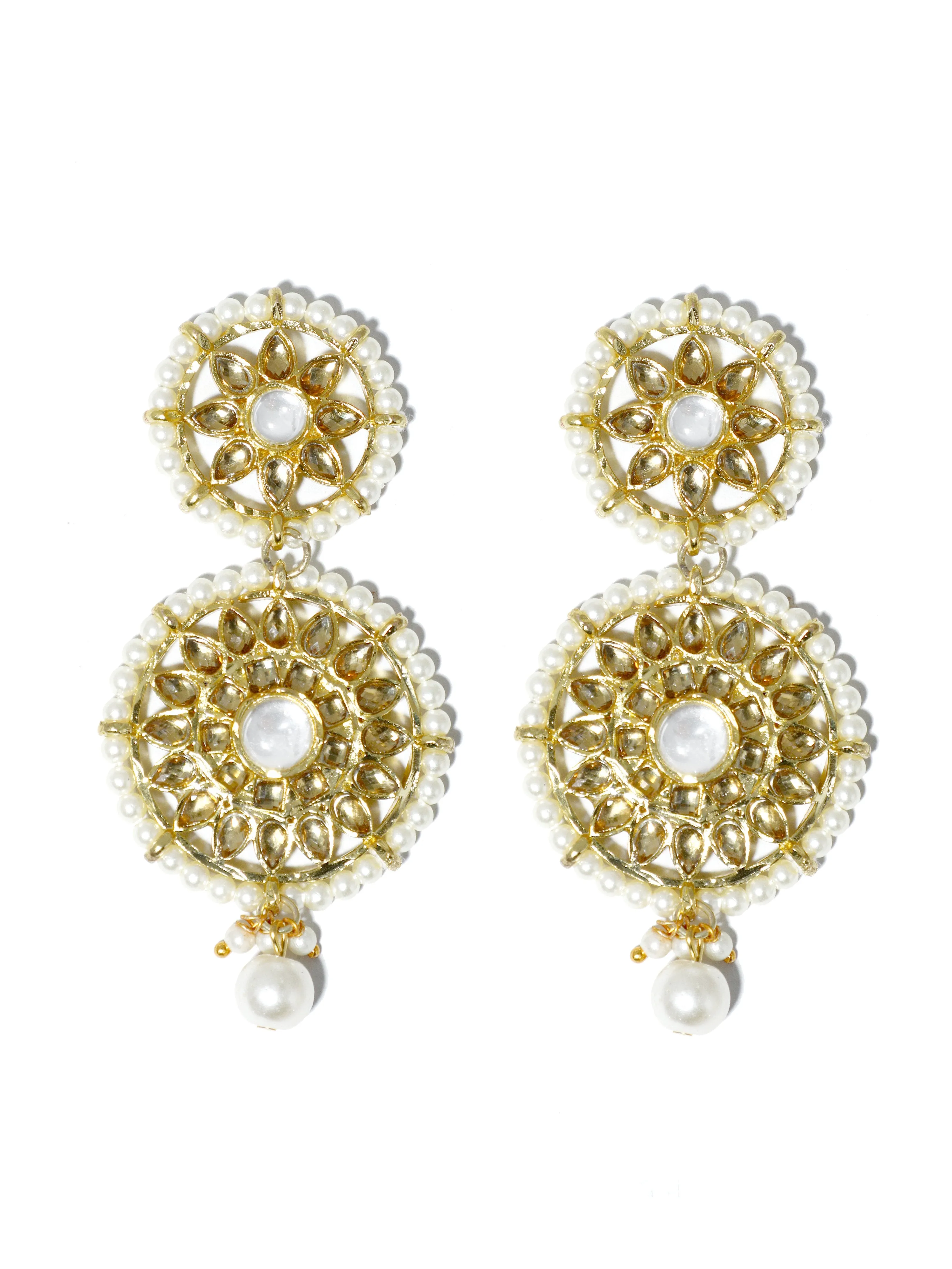 Gold Plated Pearl Beads Kundan Dangler Earrings