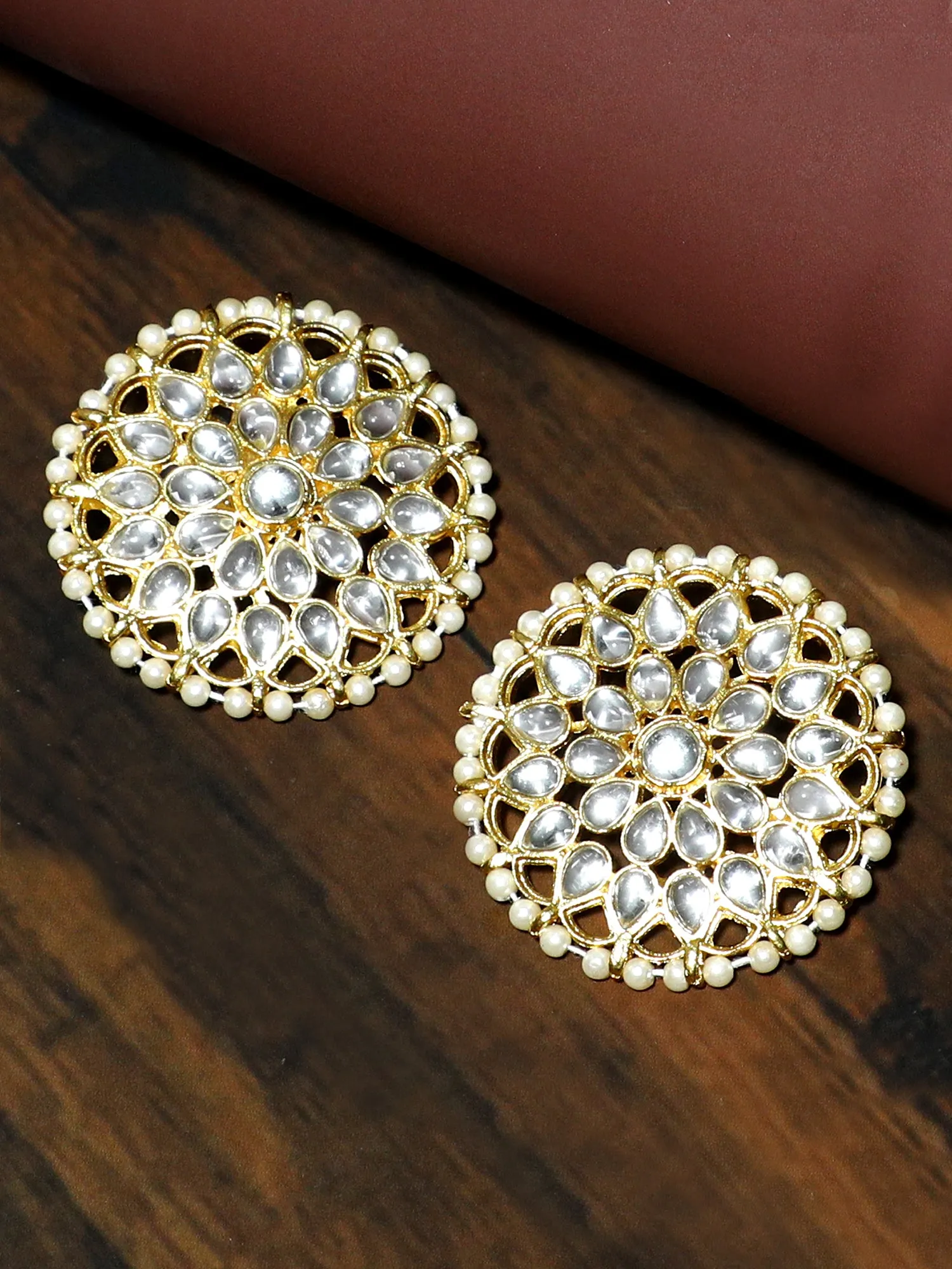 Gold Plated Pearl Beads Kundan Stud Earrings