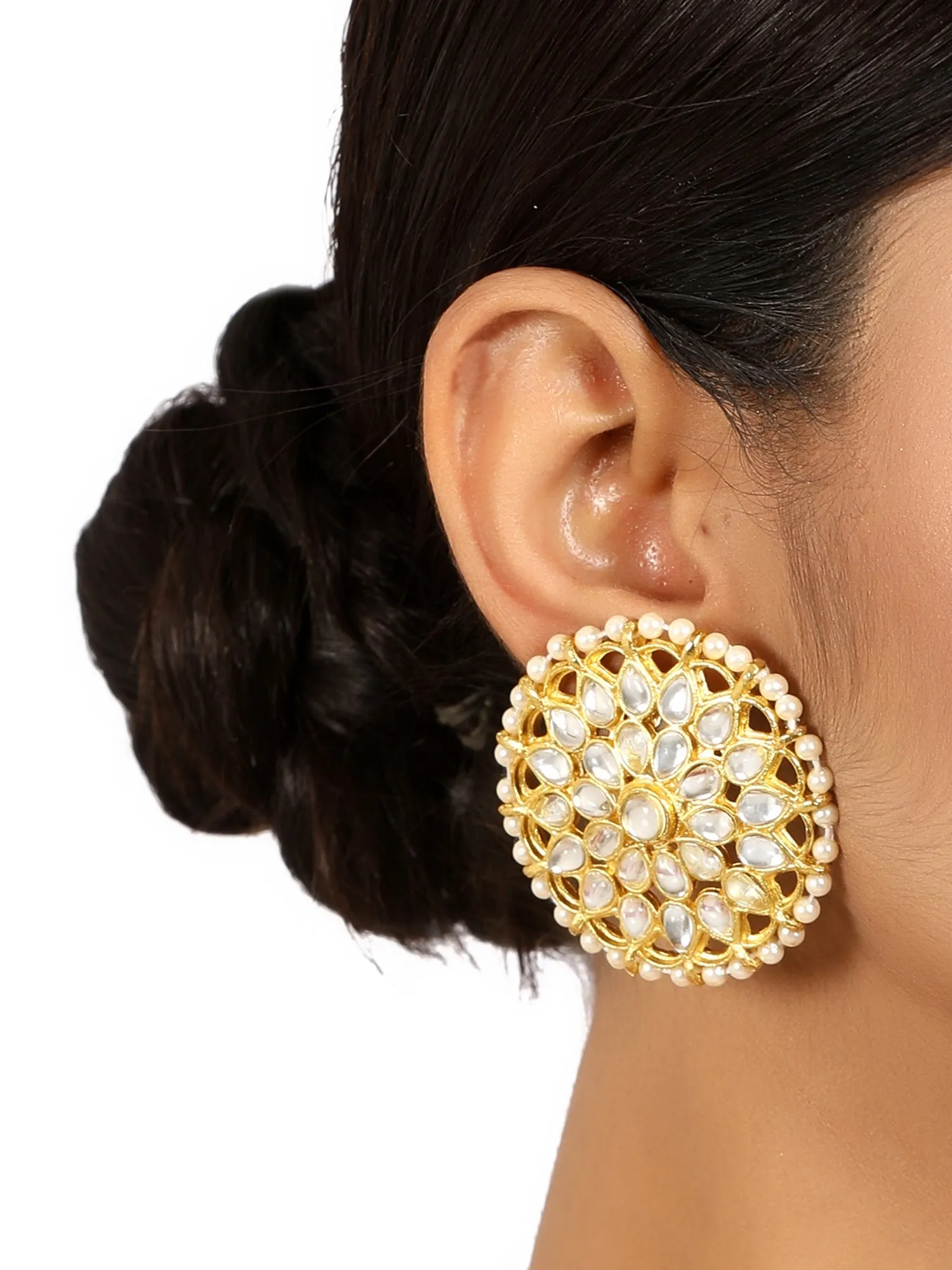 Gold Plated Pearl Beads Kundan Stud Earrings