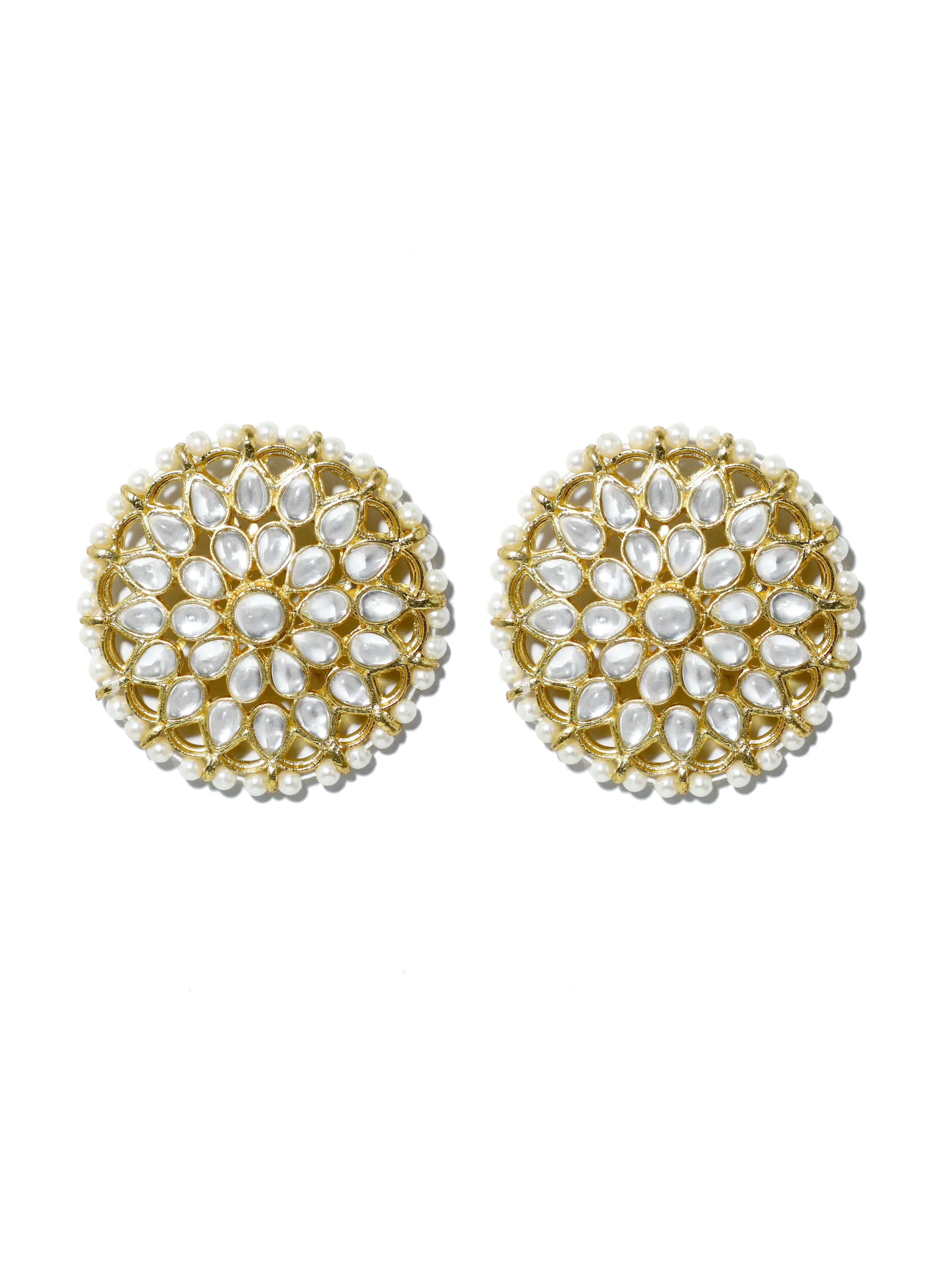 Gold Plated Pearl Beads Kundan Stud Earrings