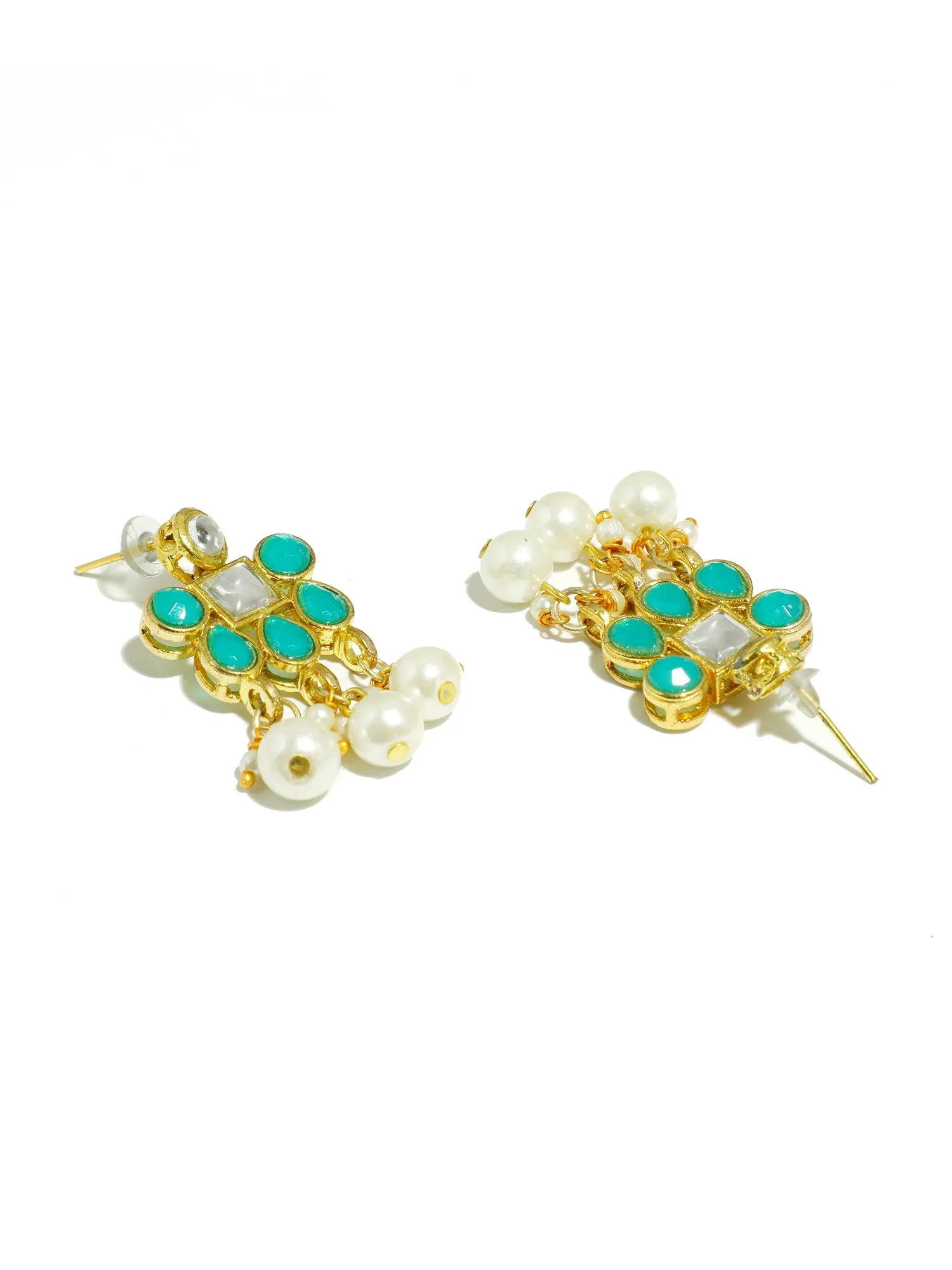 Gold Plated Pearl Beads Mint Blue Kundan Dangler Earrings for Women