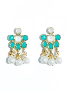 Gold Plated Pearl Beads Mint Blue Kundan Dangler Earrings for Women