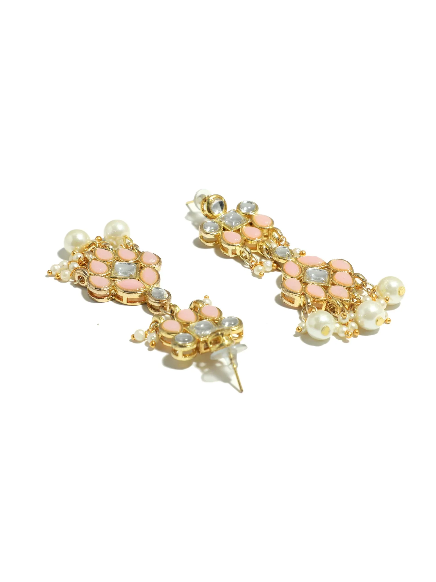 Gold Plated Pearl Beads Peach Kundan Dangler Earrings for Women