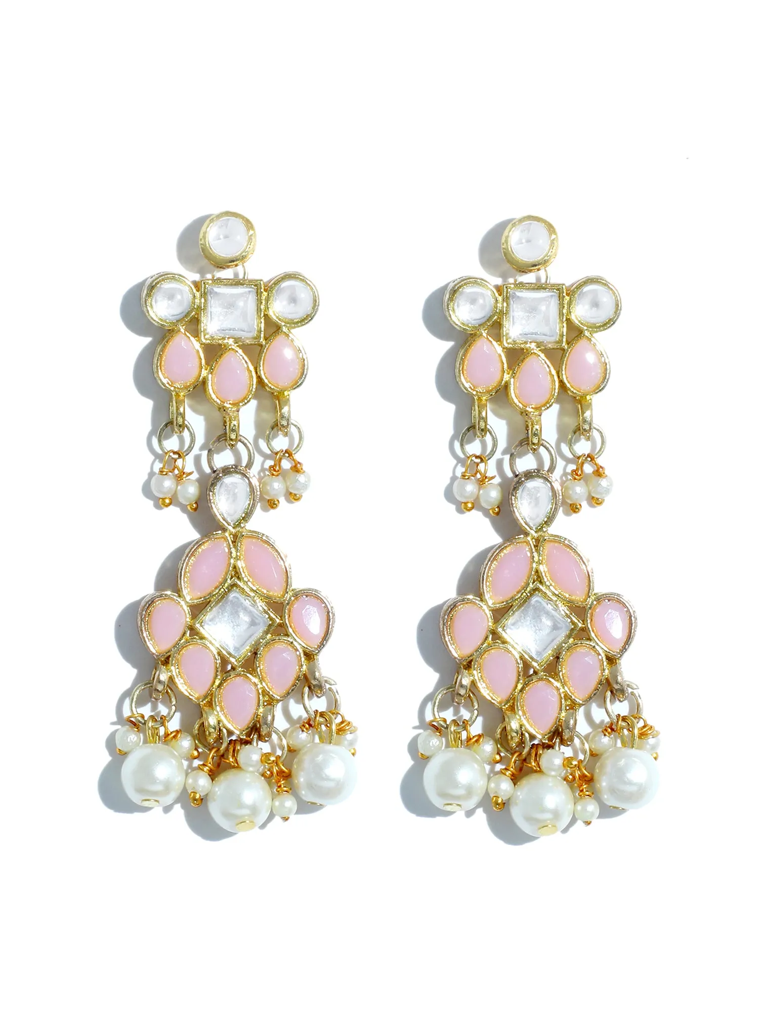 Gold Plated Pearl Beads Peach Kundan Dangler Earrings for Women