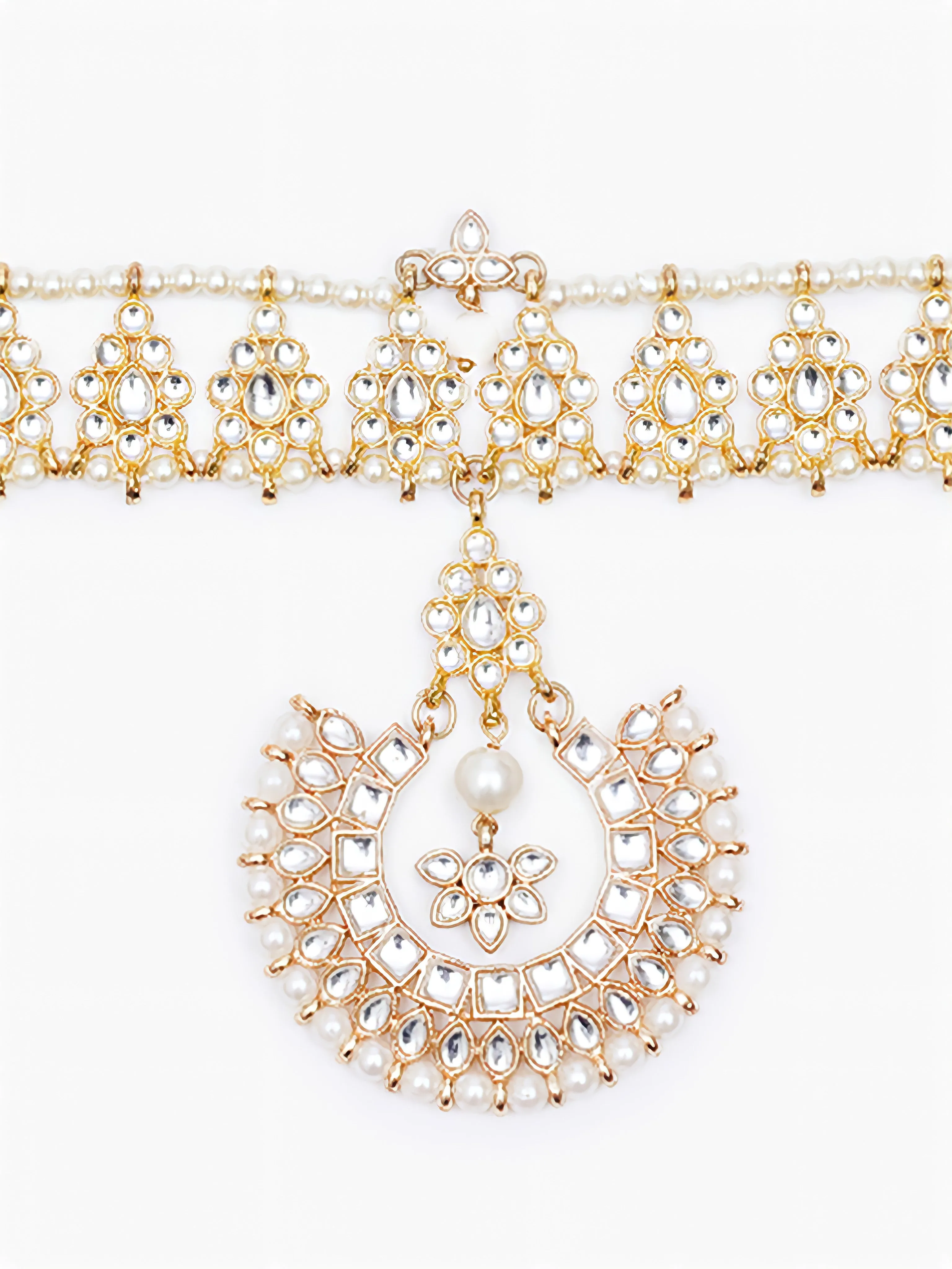 Gold Plated Pearl Studded Moon Shape Handcrafted Kundan Sheeshphool