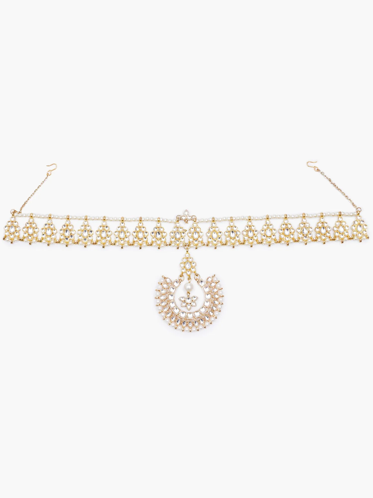 Gold Plated Pearl Studded Moon Shape Handcrafted Kundan Sheeshphool