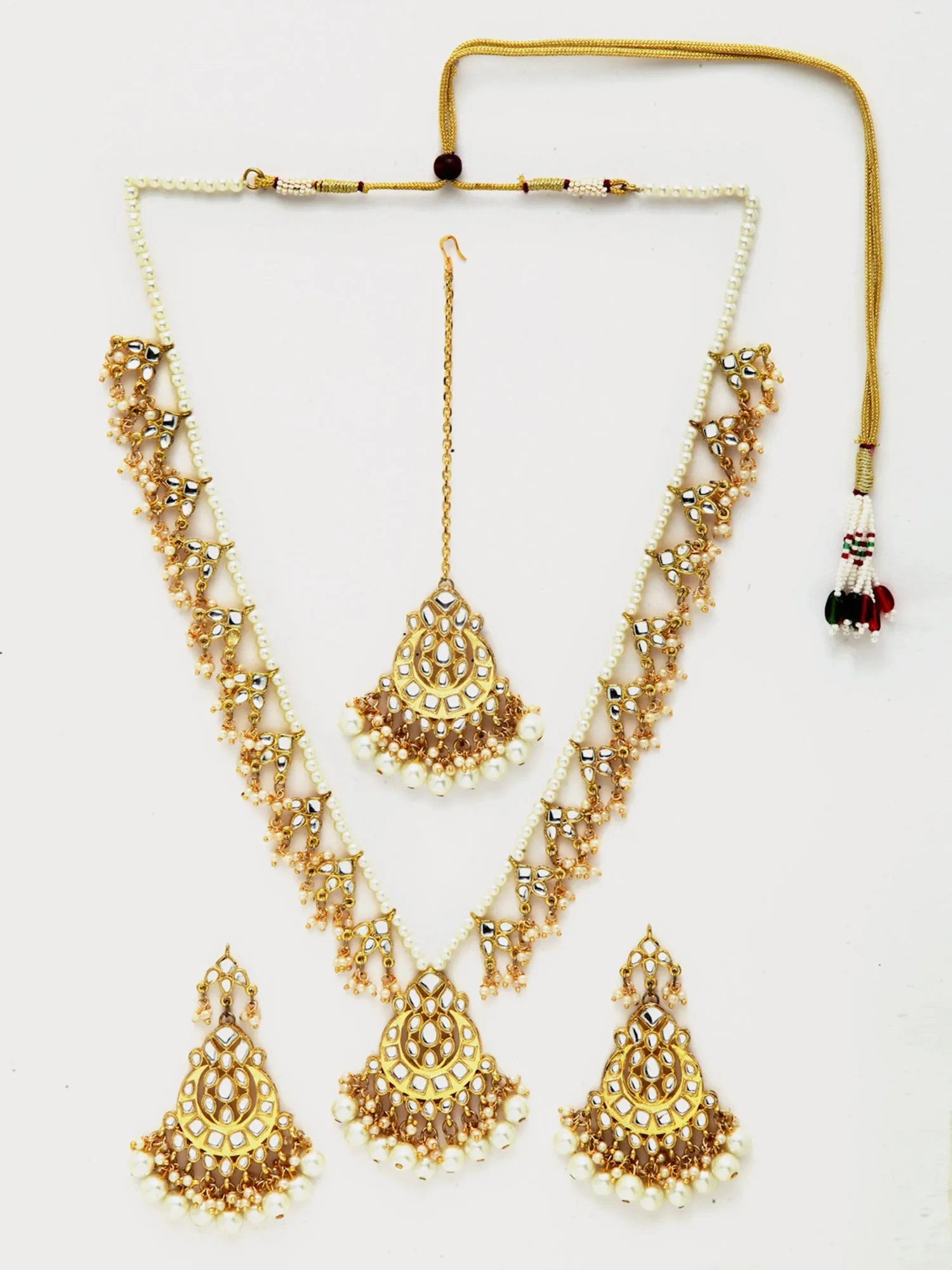 Gold Plated Pearl Studded Tasselled Rani Haar Necklace Set