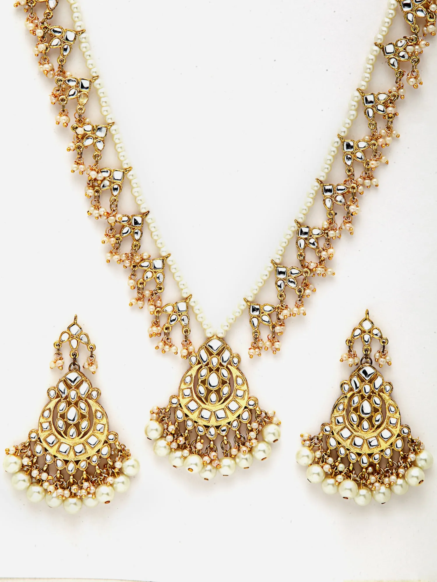 Gold Plated Pearl Studded Tasselled Rani Haar Necklace Set