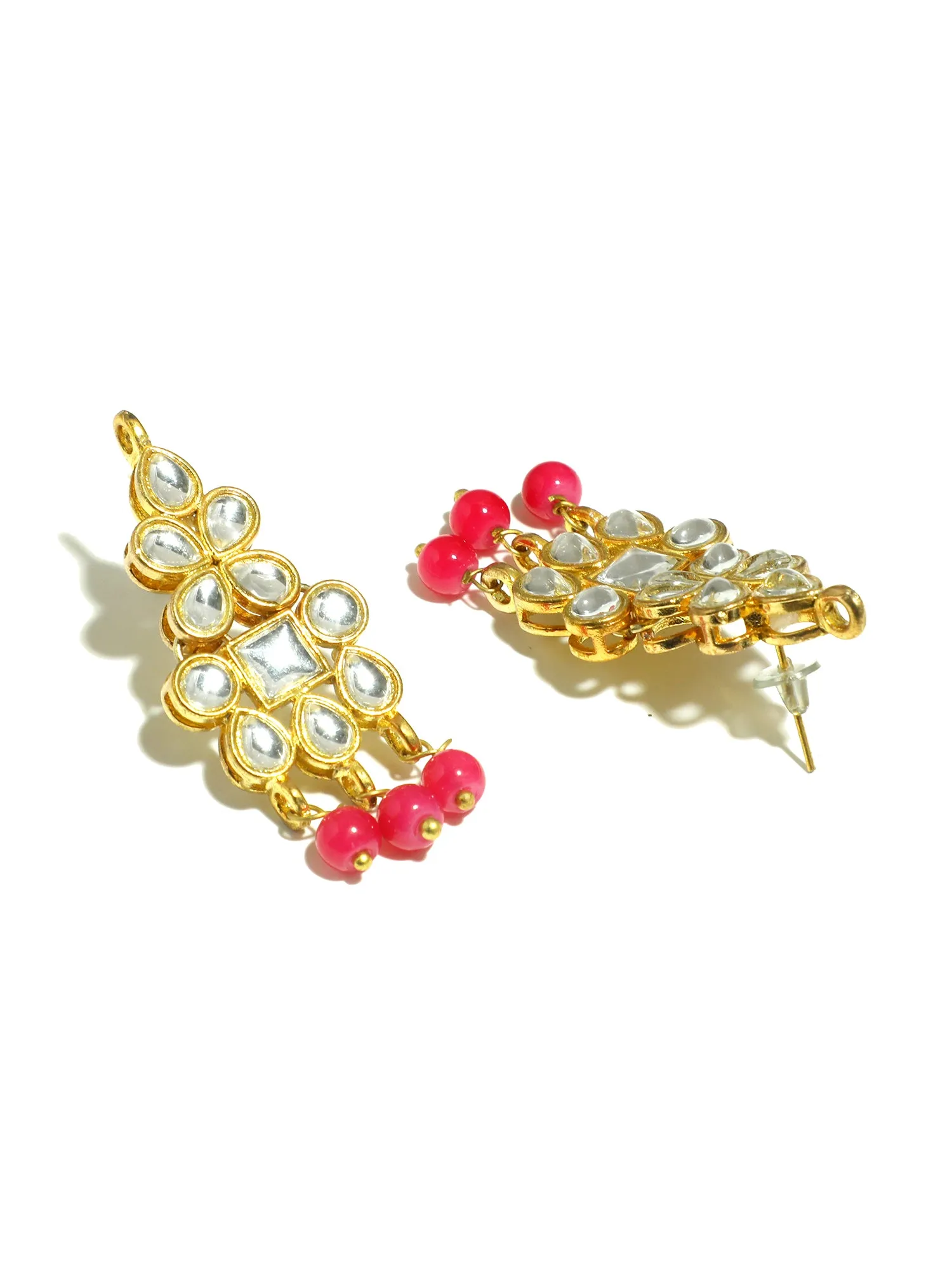 Gold Plated Pink Beads Kundan Dangler Earrings for Women