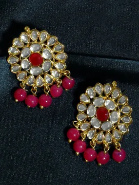 Gold Plated Pink Beads Kundan Dangler Earrings for Women