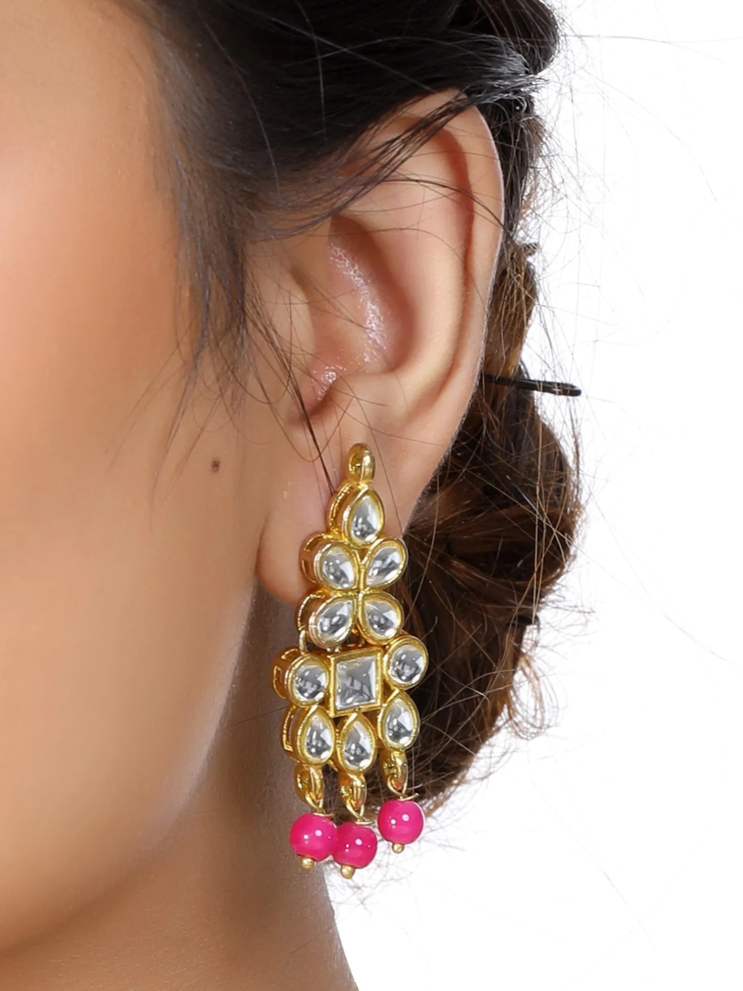 Gold Plated Pink Beads Kundan Dangler Earrings for Women