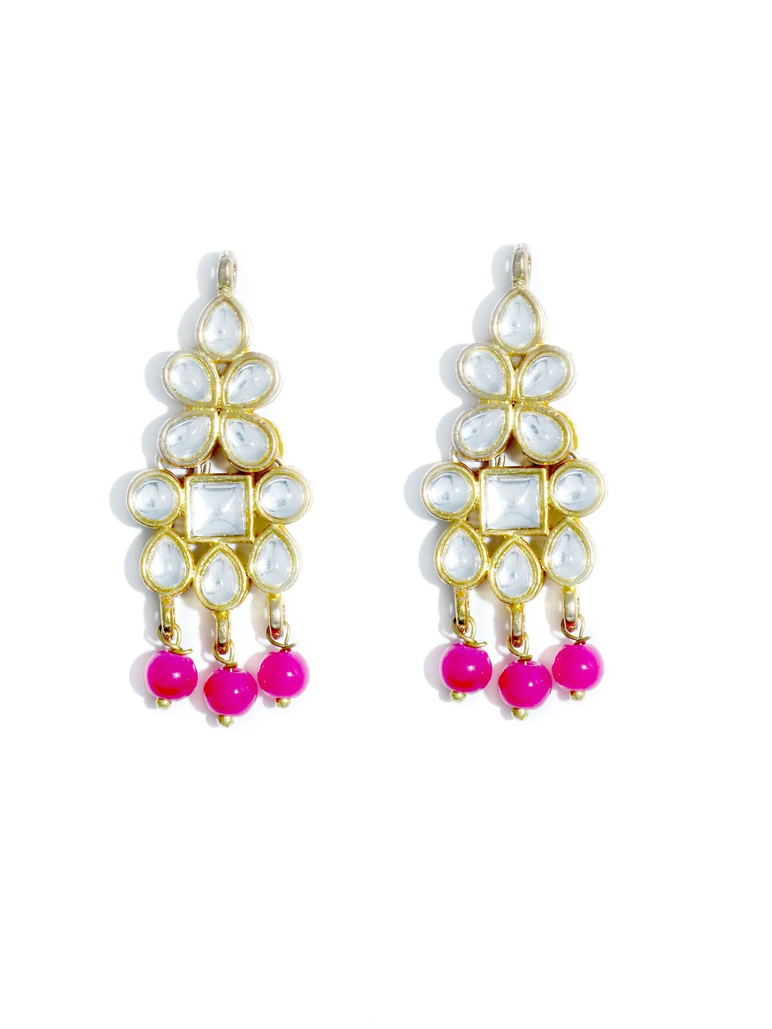 Gold Plated Pink Beads Kundan Dangler Earrings for Women