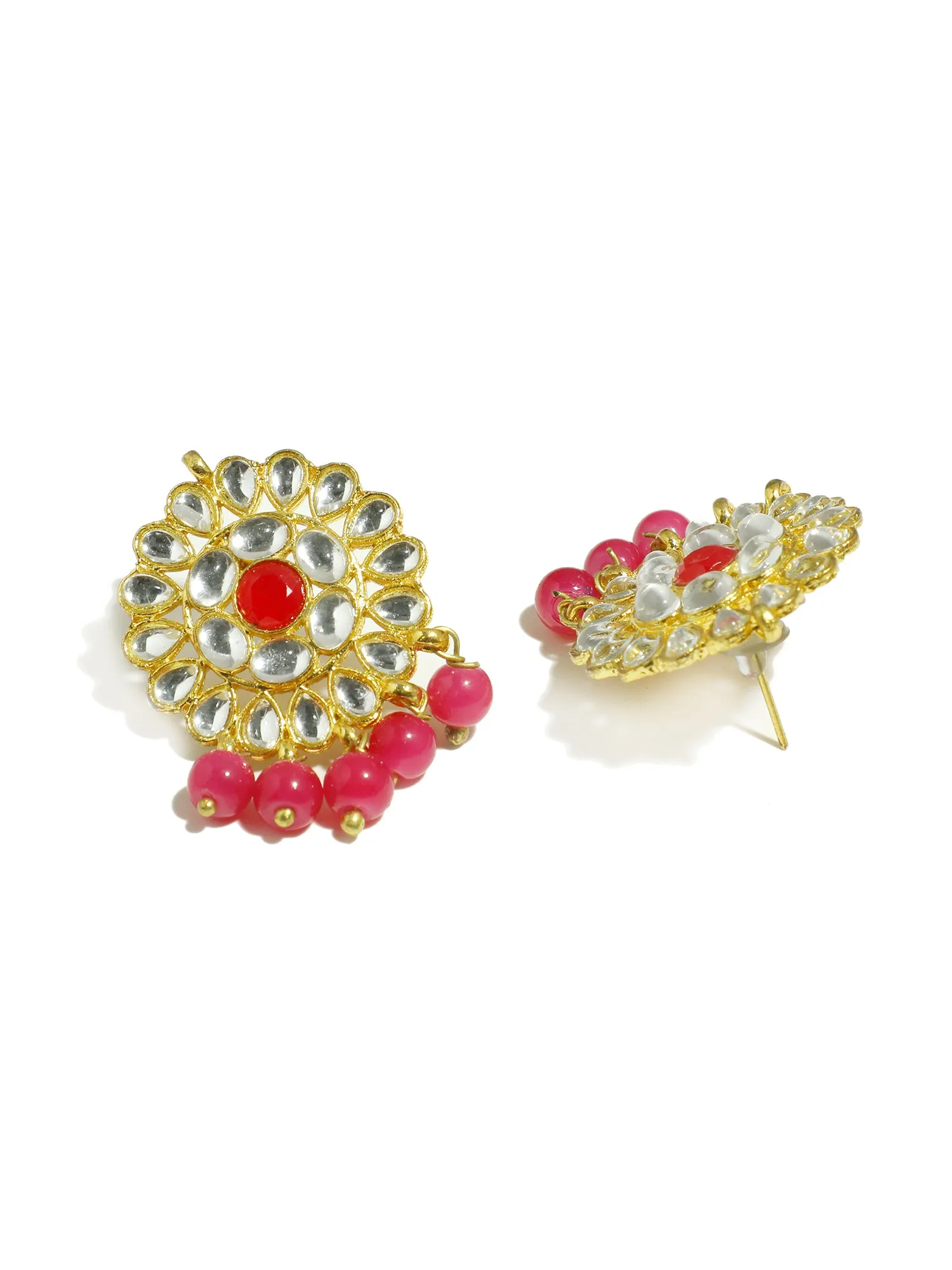 Gold Plated Pink Beads Kundan Dangler Earrings with Maangtikka for Women