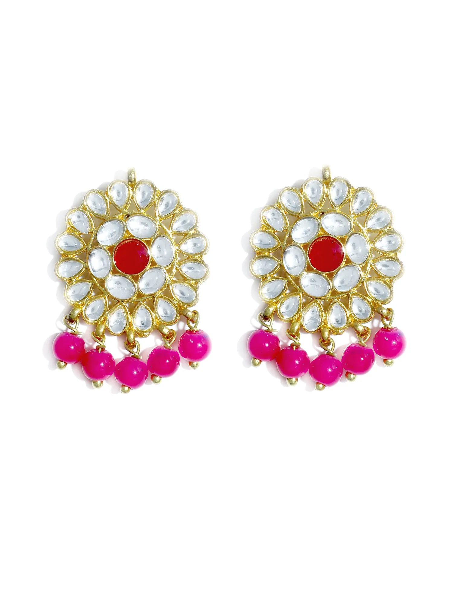 Gold Plated Pink Beads Kundan Dangler Earrings with Maangtikka for Women