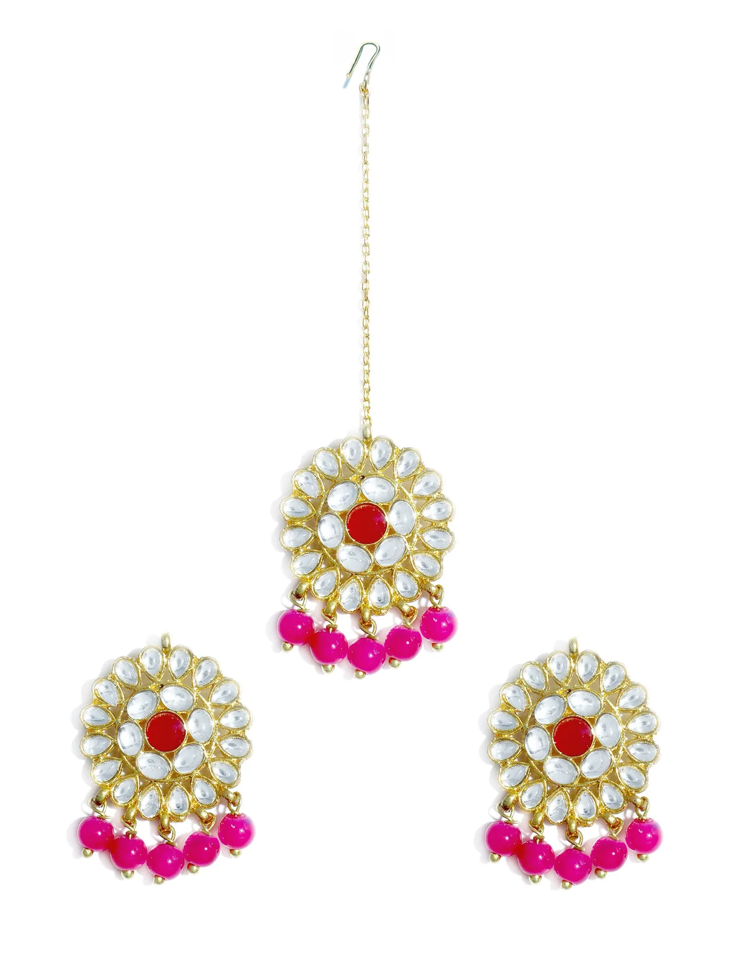 Gold Plated Pink Beads Kundan Dangler Earrings with Maangtikka for Women