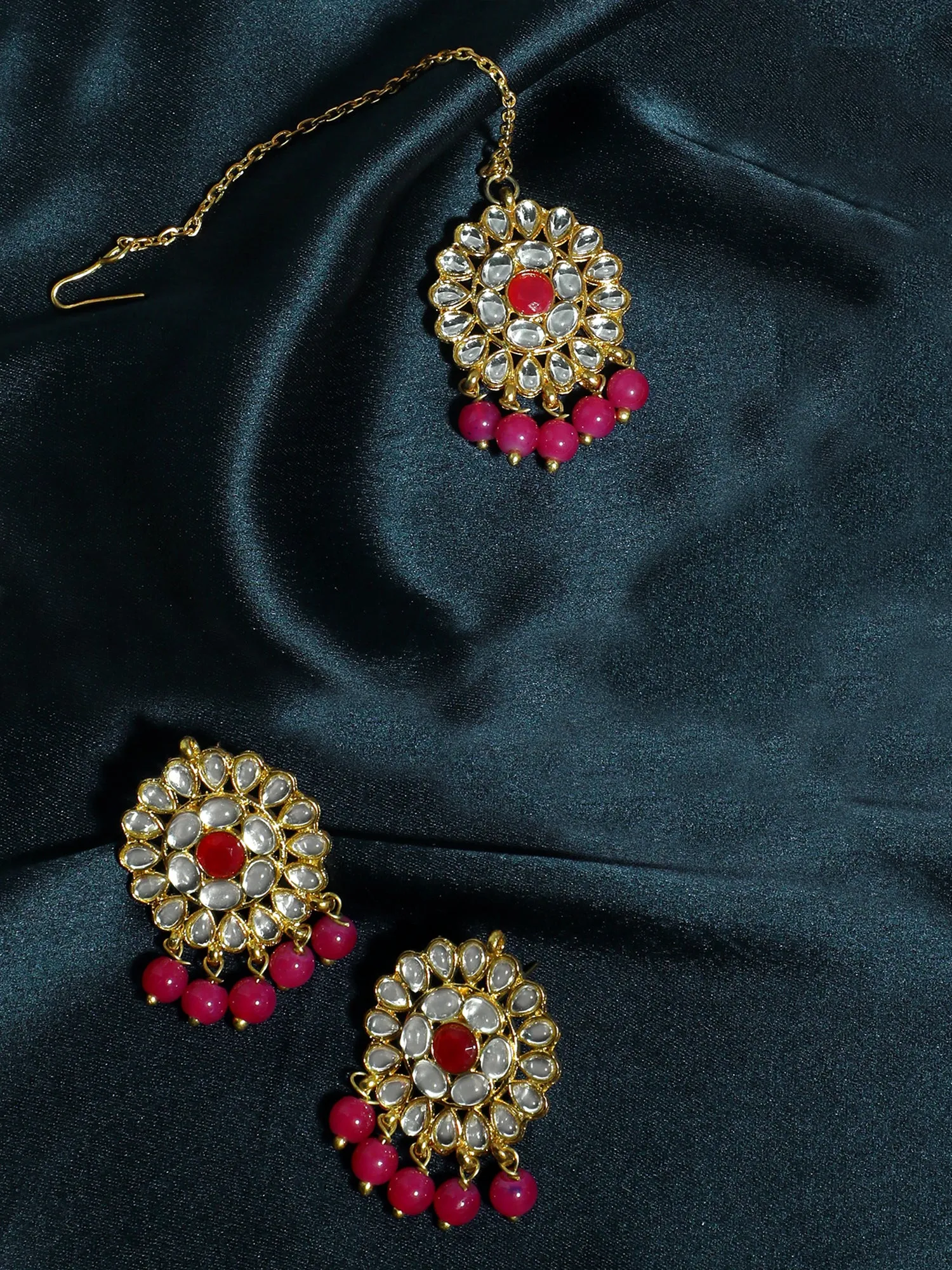 Gold Plated Pink Beads Kundan Dangler Earrings with Maangtikka for Women