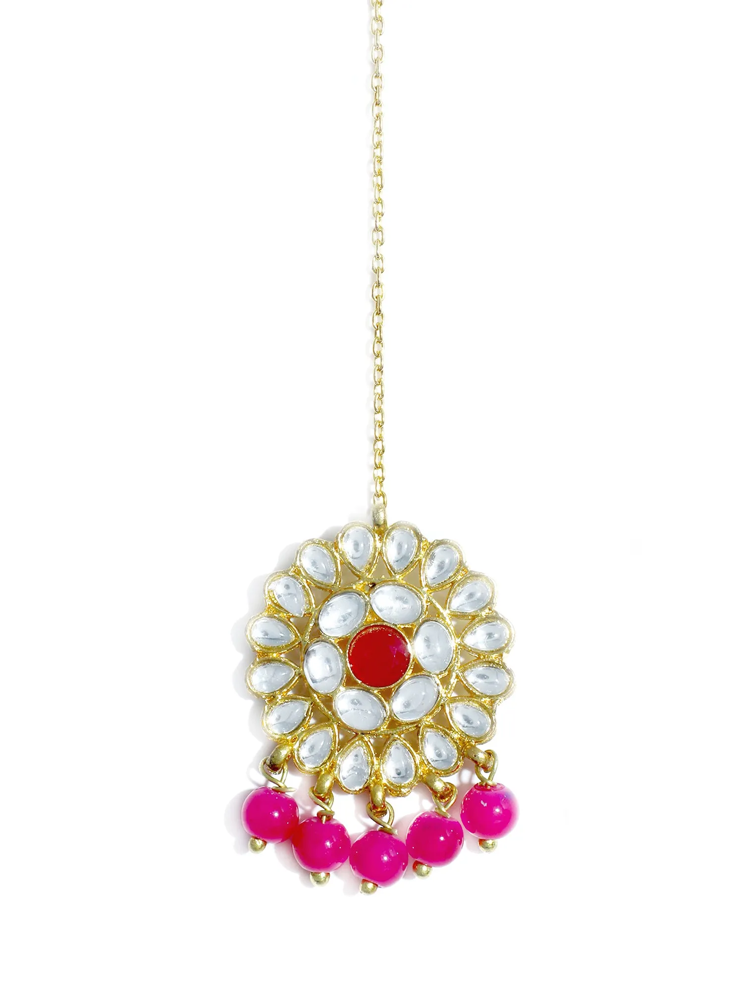 Gold Plated Pink Beads Kundan Dangler Earrings with Maangtikka for Women