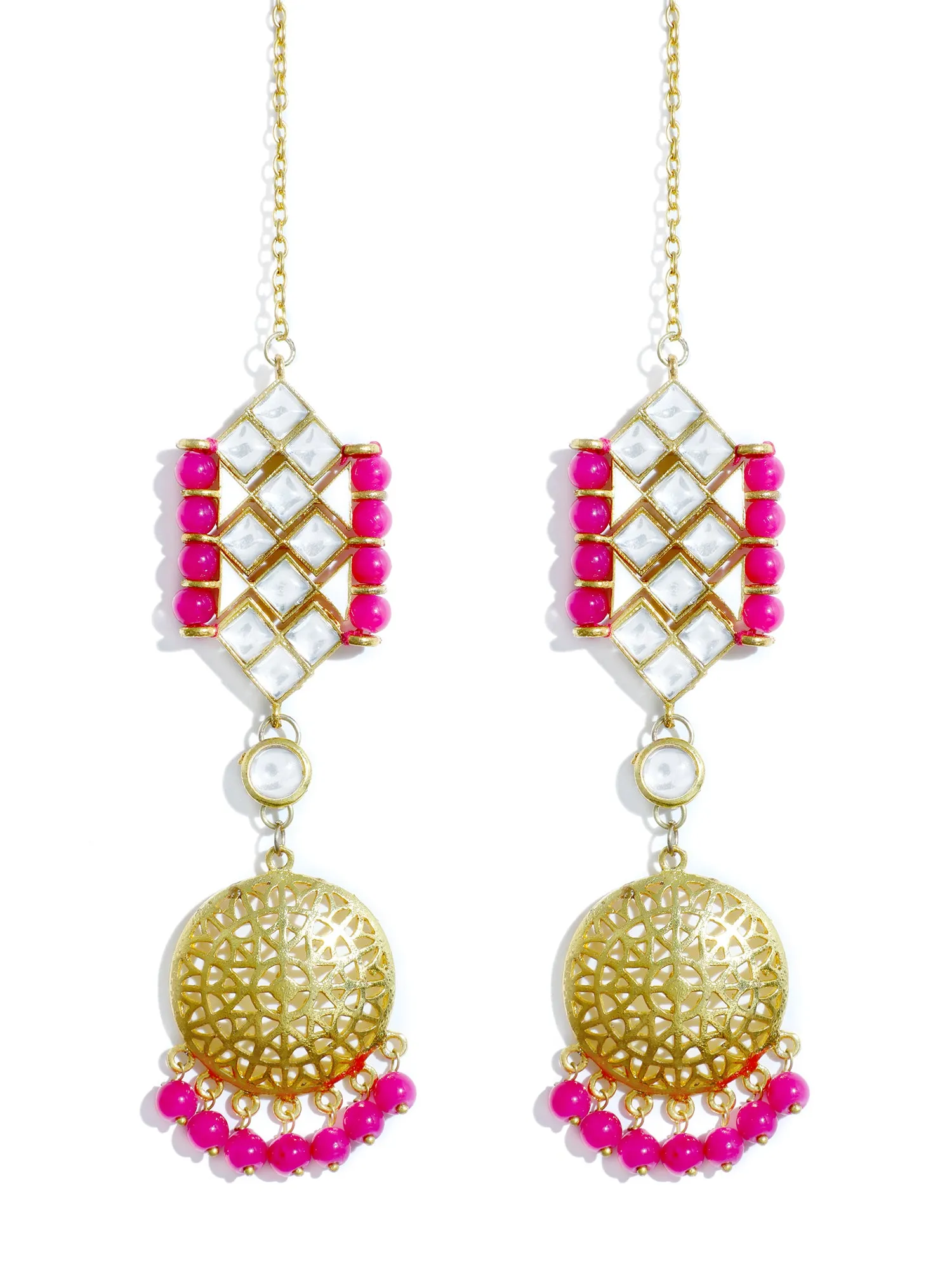 Gold Plated Pink Beads Kundan Kaanchain Earrings for Women