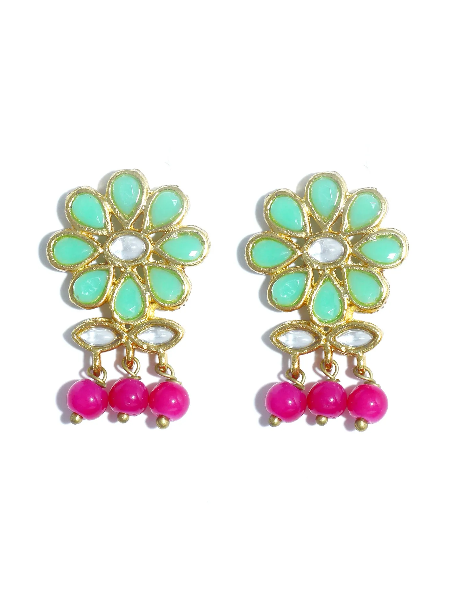 Gold Plated Pink Beads Mint Green Kundan Dangler Earrings for Women