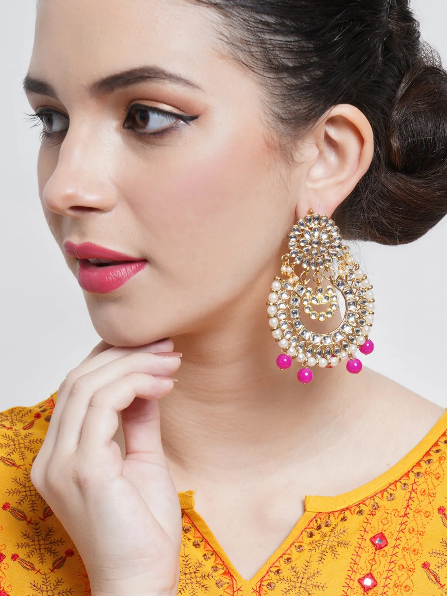 Gold Plated Pink Drop Kundan Chandbali Earrings