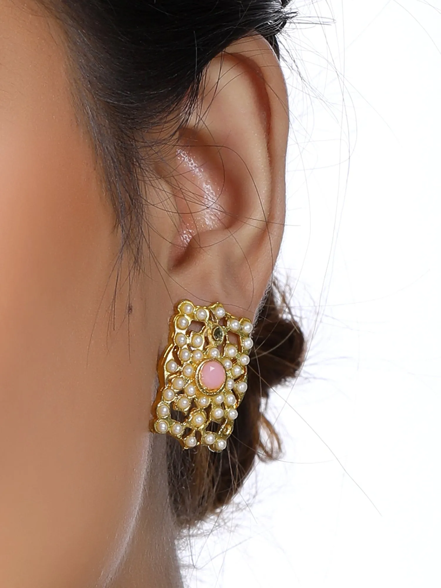 Gold Plated Pink Kundan Stud Earrings for Women