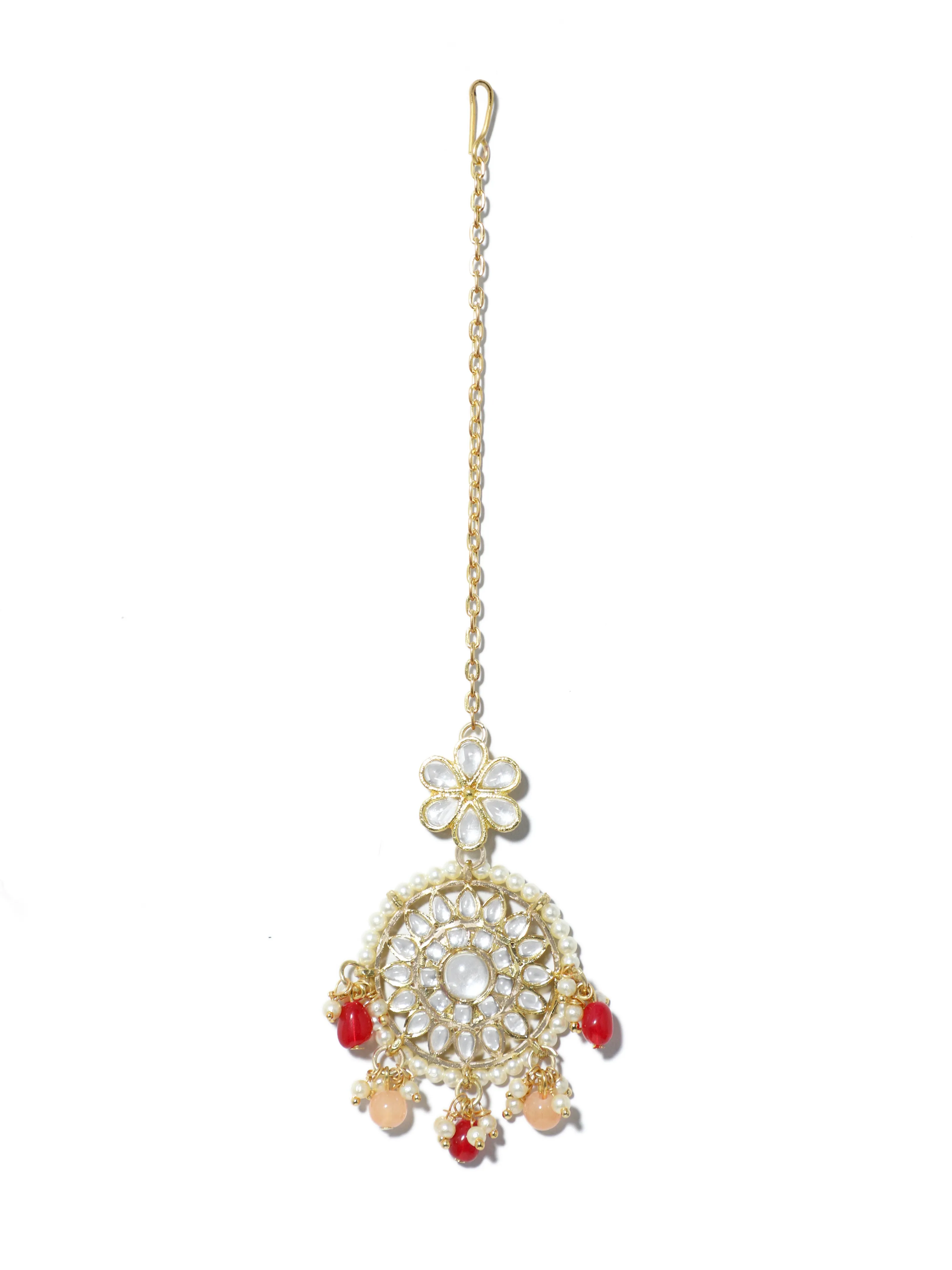 Gold Plated Red and Peach Beads Kundan Dangler Earrings with Maangtikka