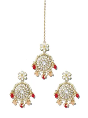 Gold Plated Red and Peach Beads Kundan Dangler Earrings with Maangtikka