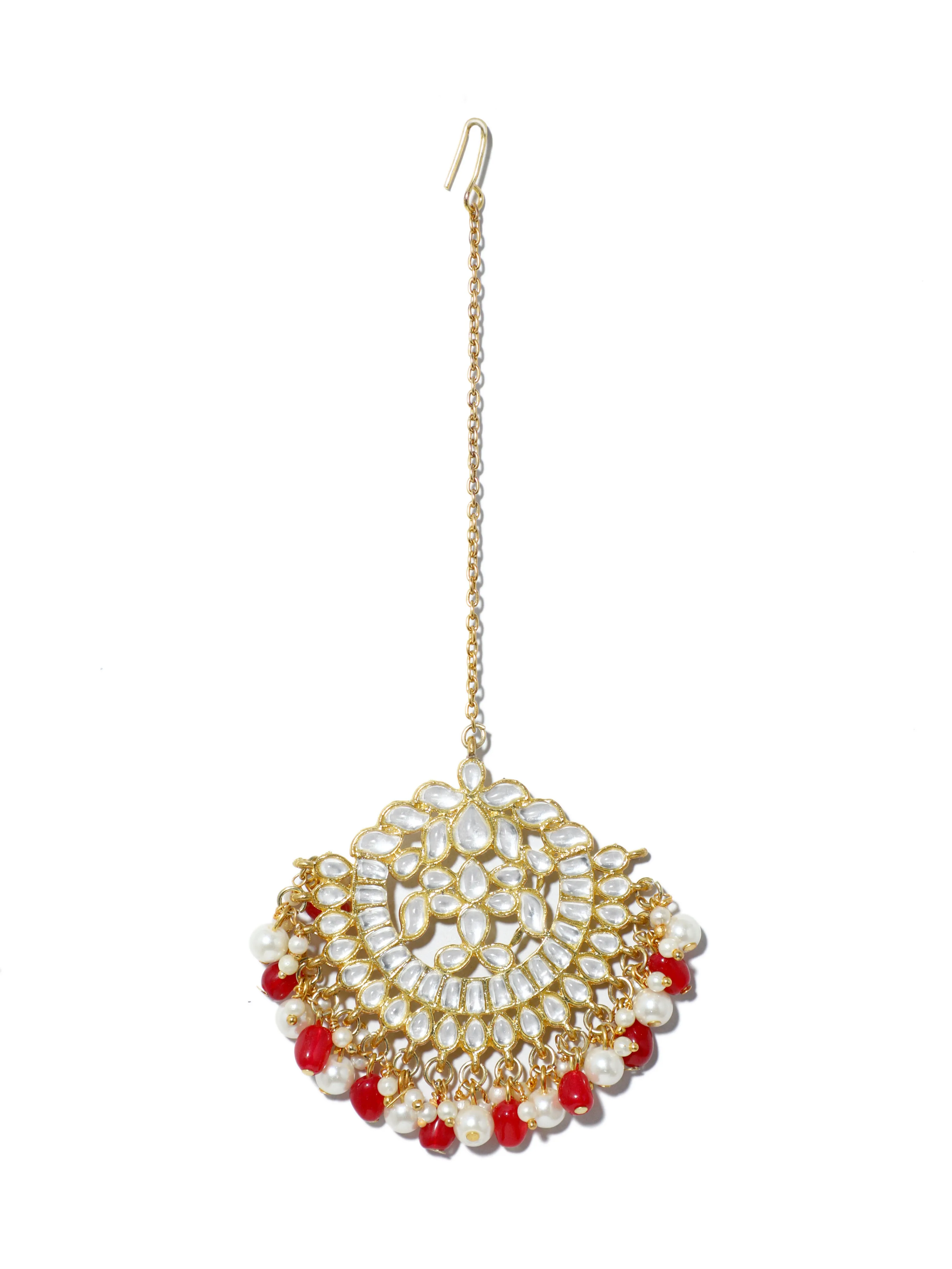 Gold Plated Red and Pearl Beads Kundan Chandbali Earrings with Maangtikka