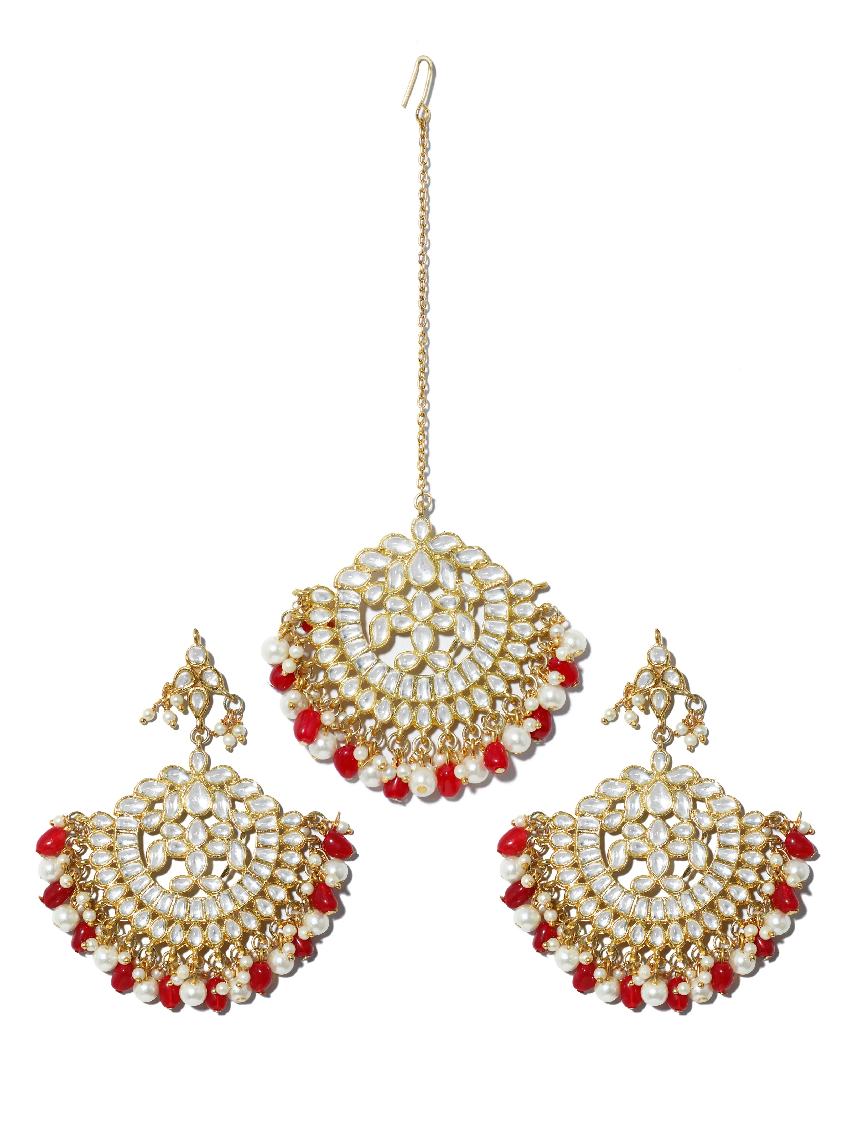 Gold Plated Red and Pearl Beads Kundan Chandbali Earrings with Maangtikka