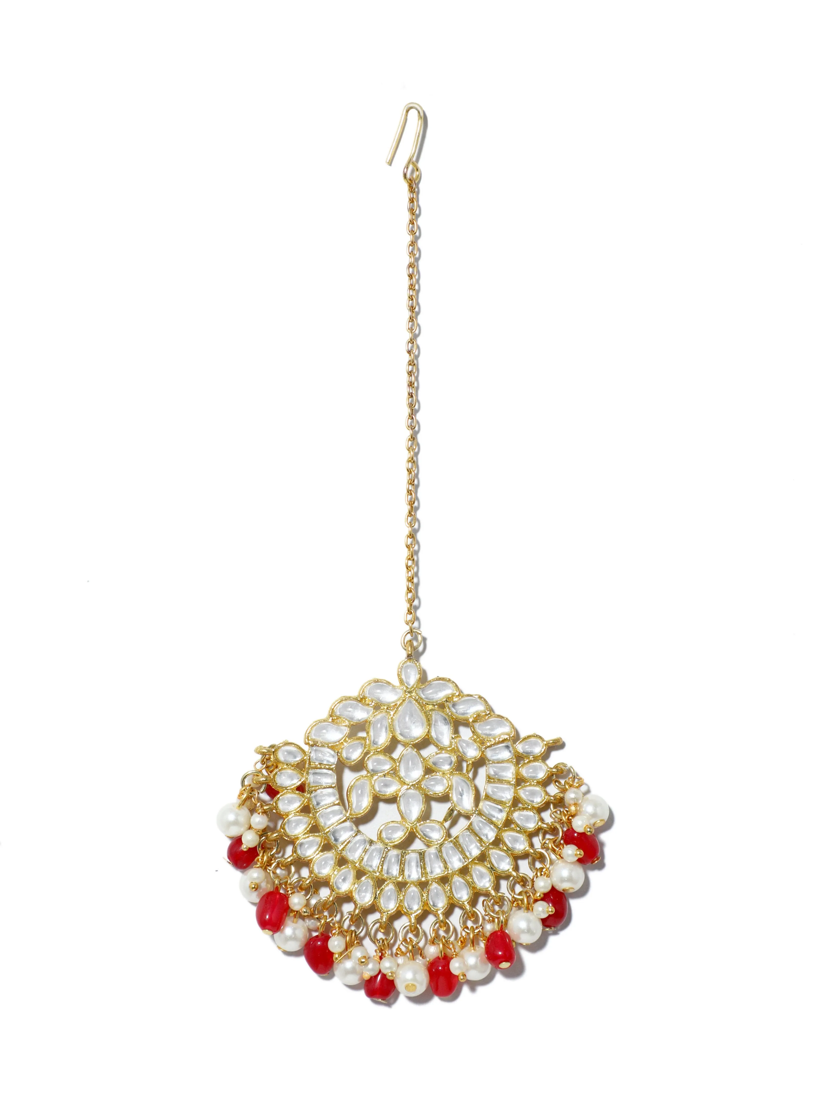 Gold Plated Red and Pearl Beads Kundan Maangtikka