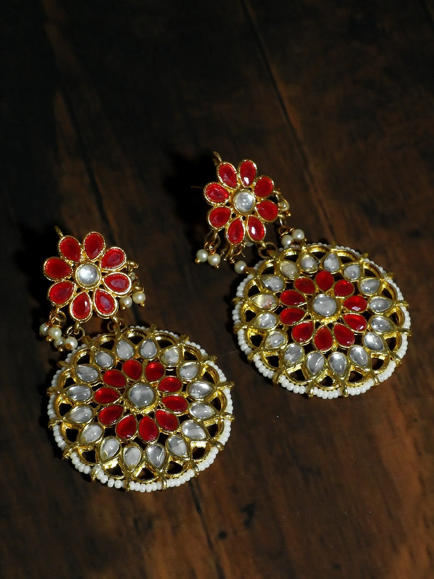 Gold Plated Red and White Kundan Dangler Earrings for Women