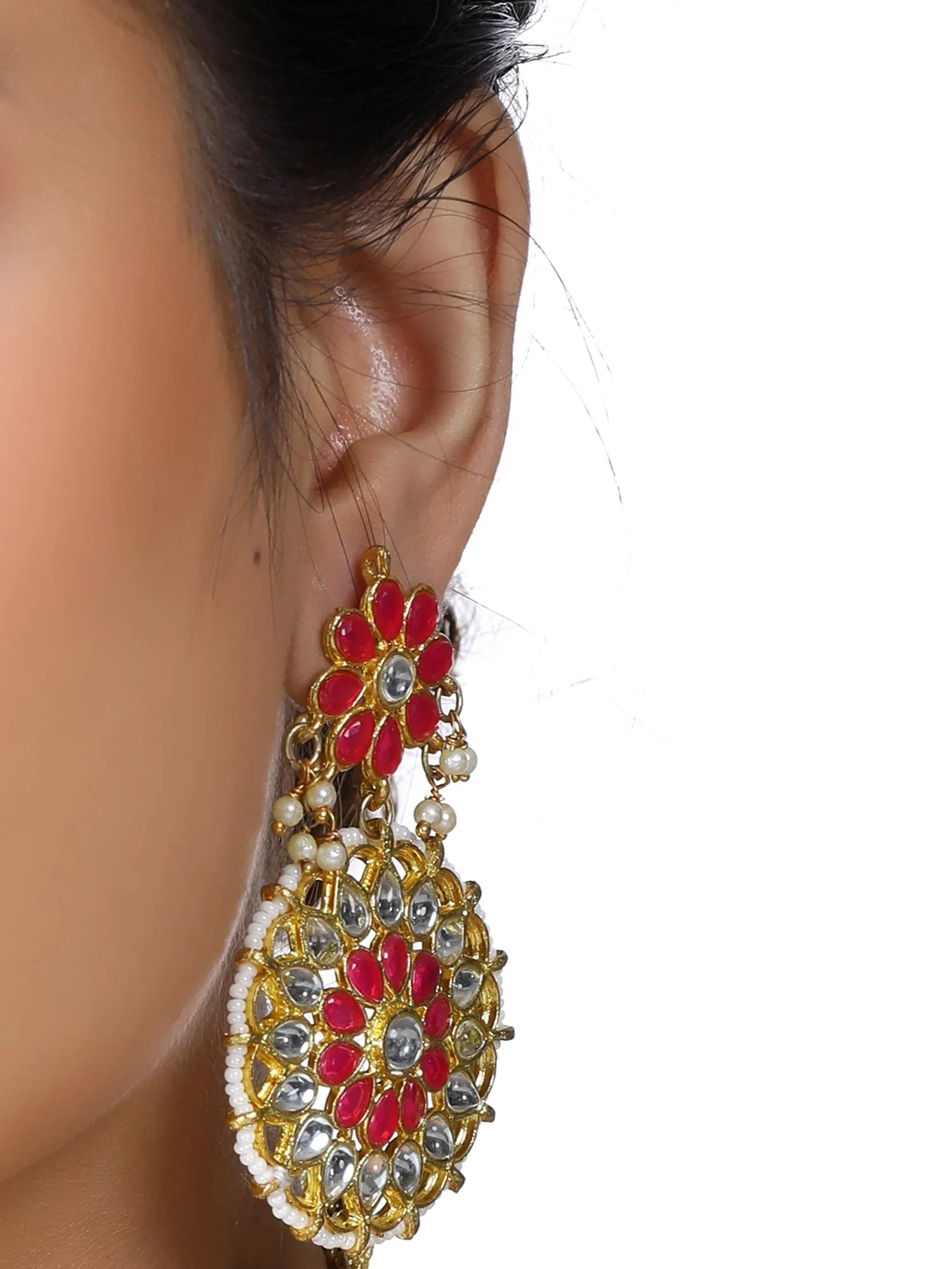 Gold Plated Red and White Kundan Dangler Earrings for Women