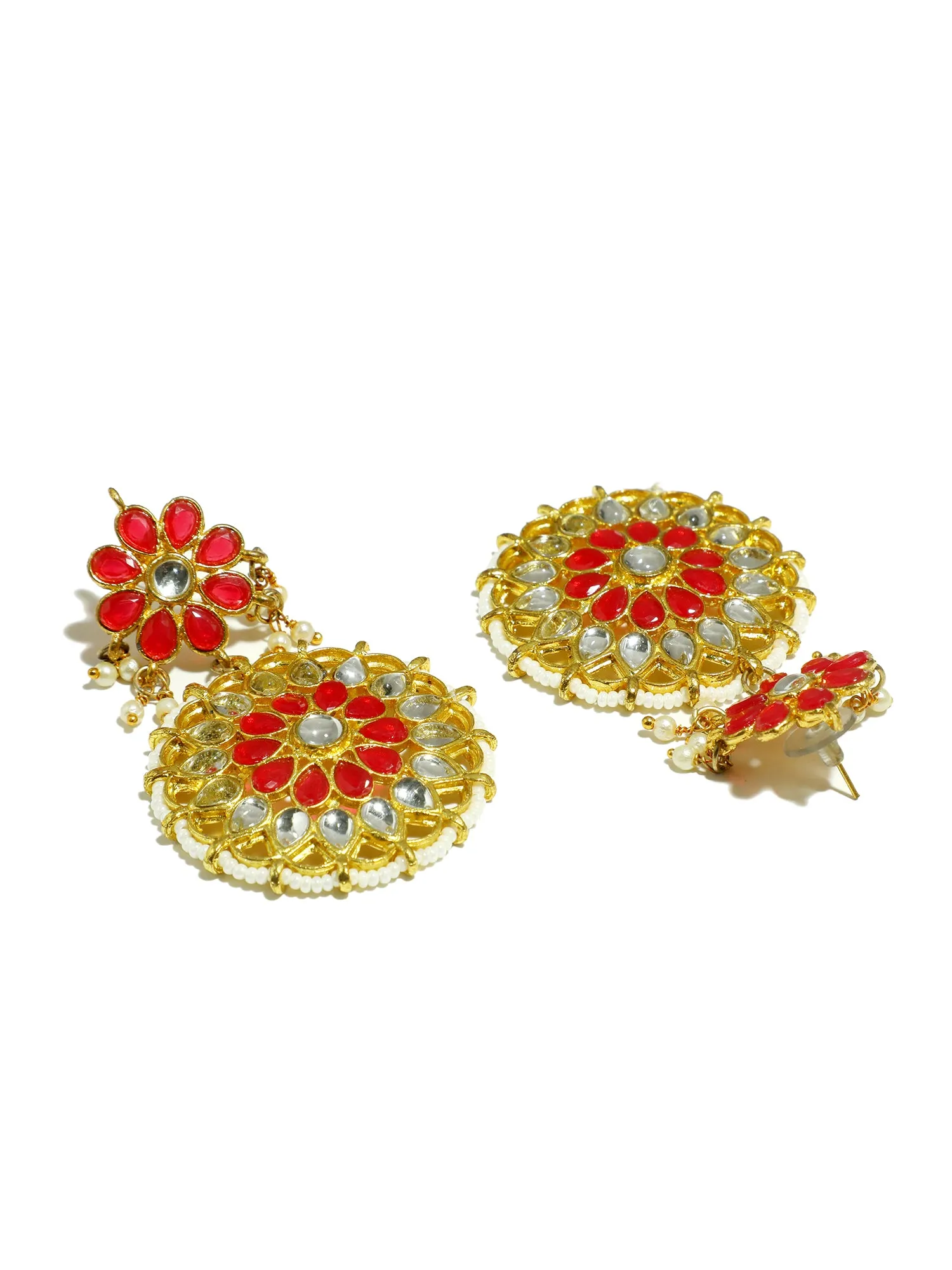 Gold Plated Red and White Kundan Dangler Earrings for Women