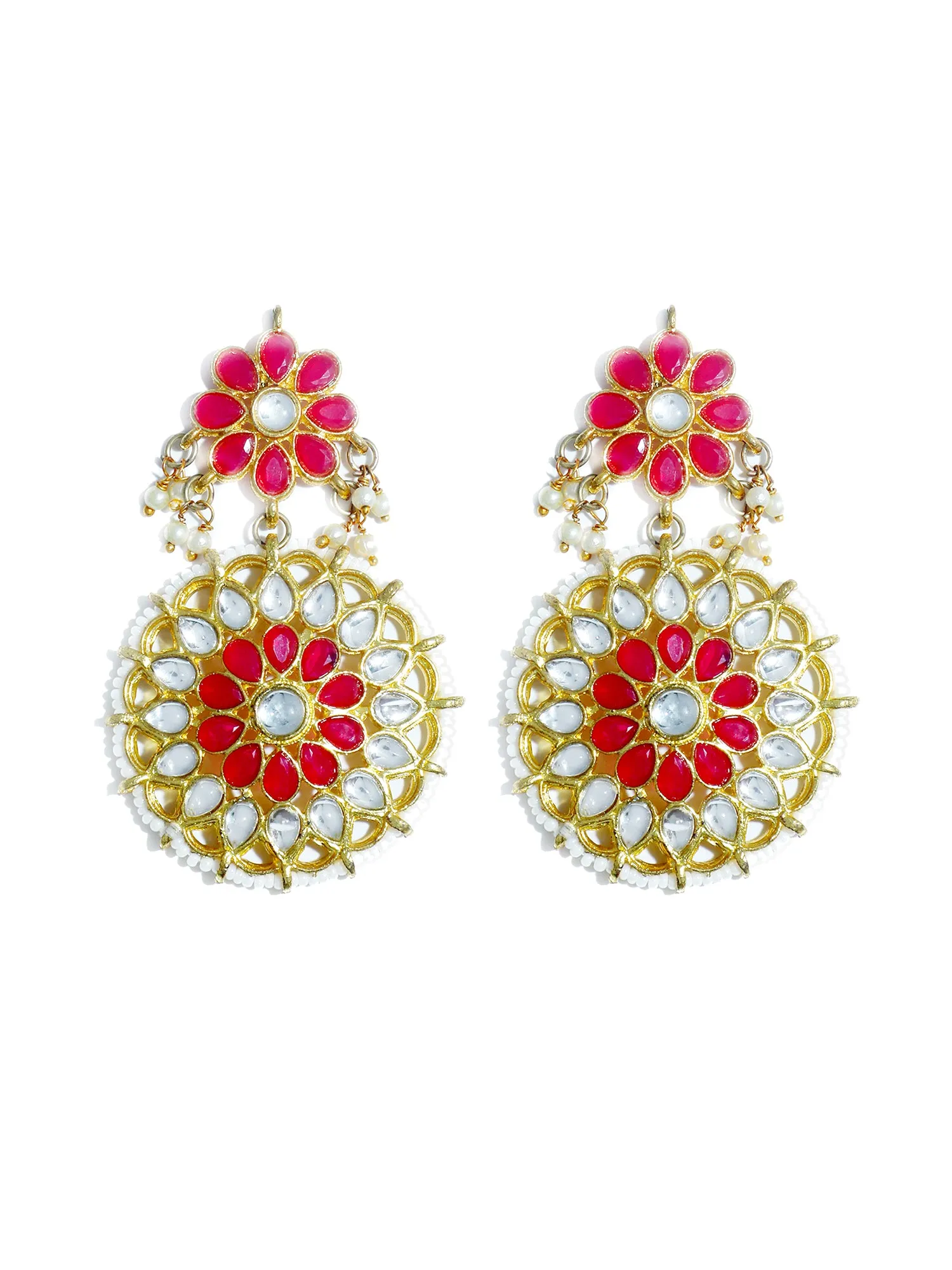 Gold Plated Red and White Kundan Dangler Earrings for Women