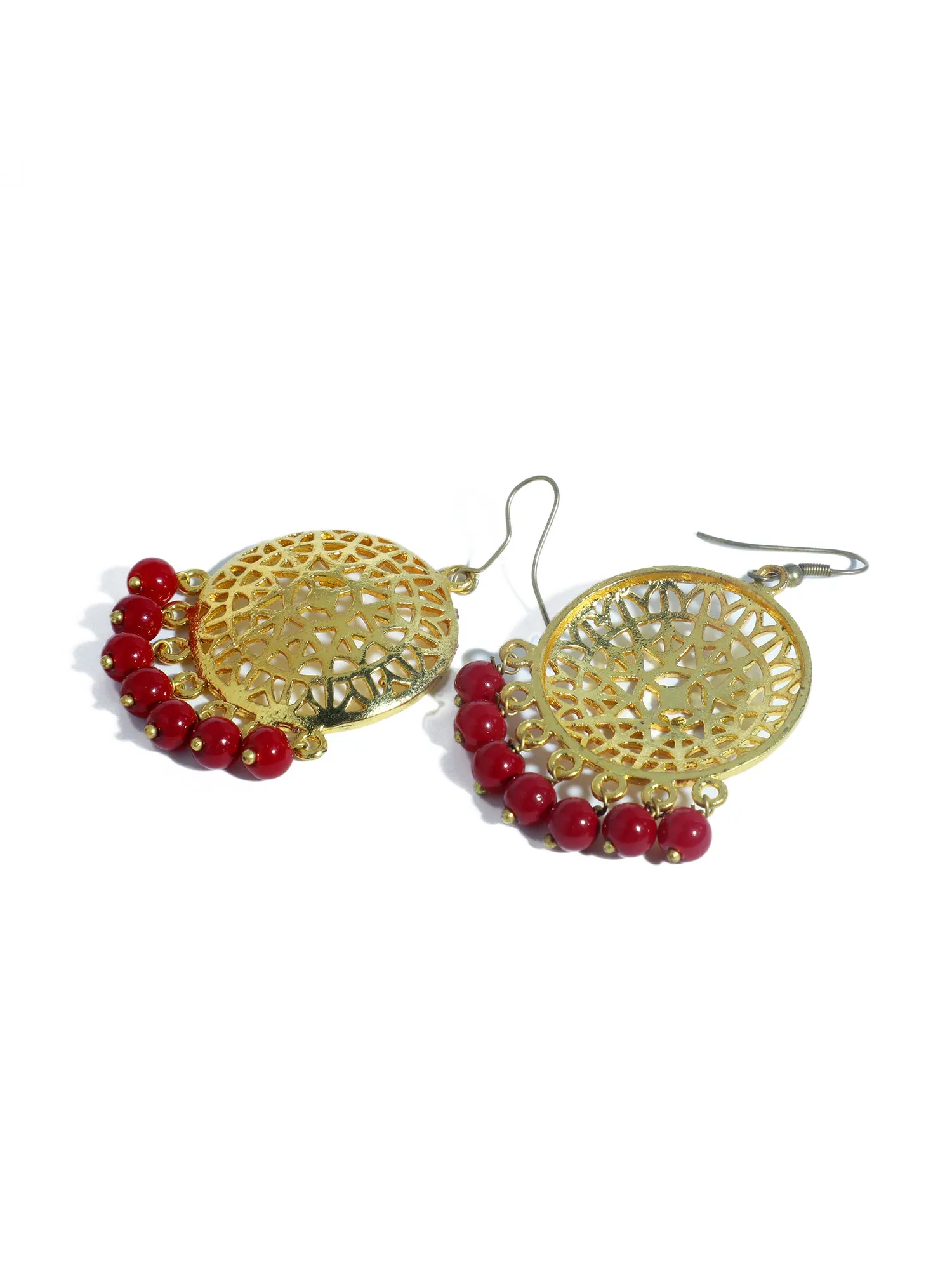 Gold Plated Red Beads Kundan Dangler Earrings for Women