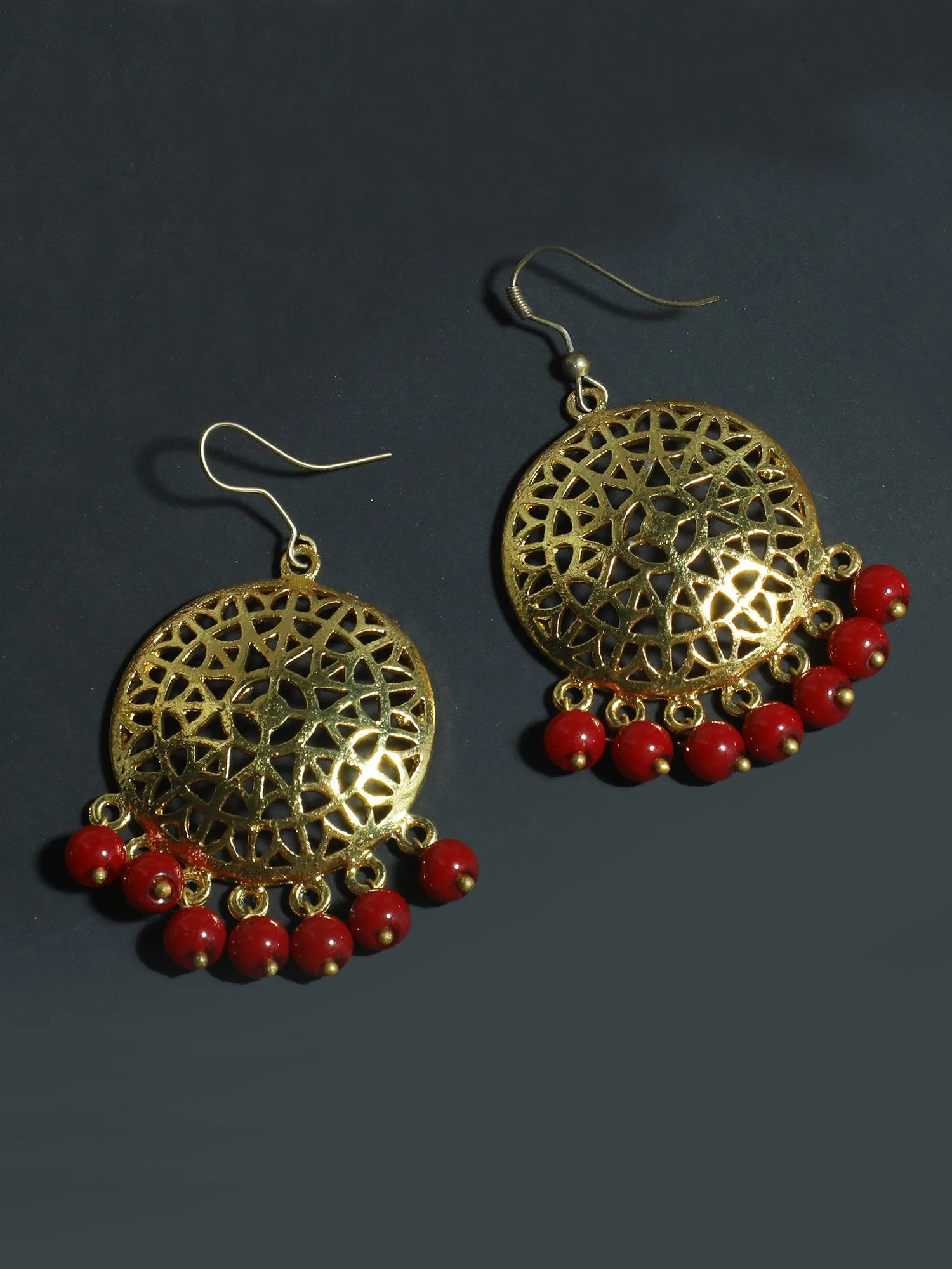 Gold Plated Red Beads Kundan Dangler Earrings for Women