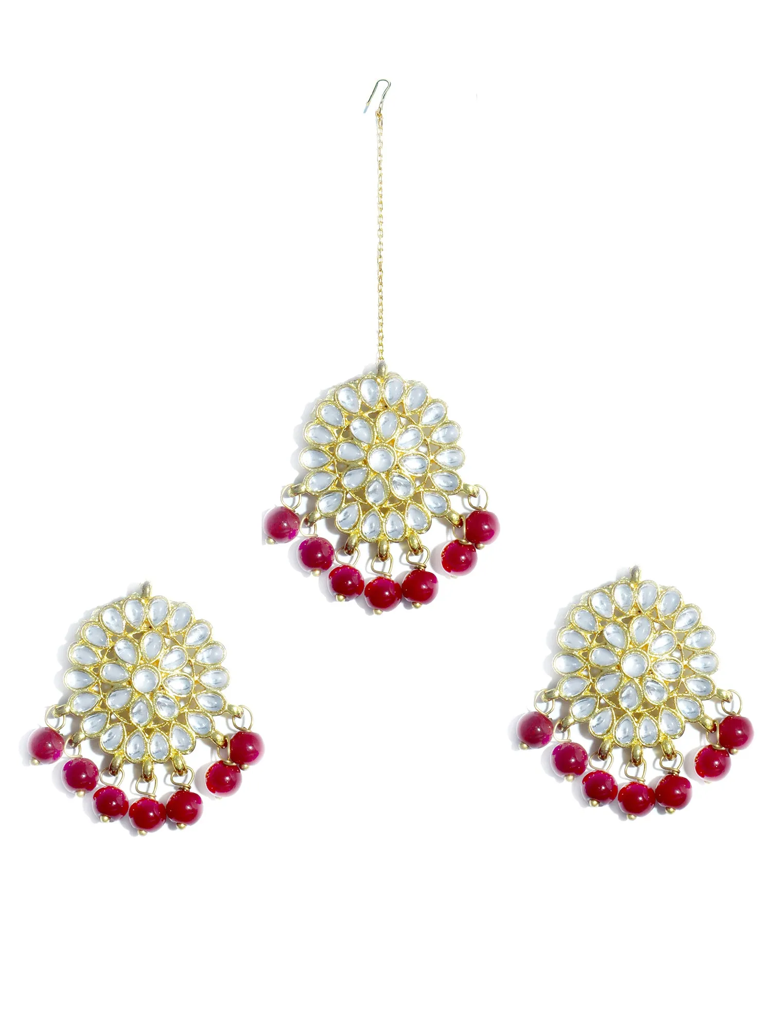 Gold Plated Red Beads Kundan Dangler Earrings with Maangtikka for Women