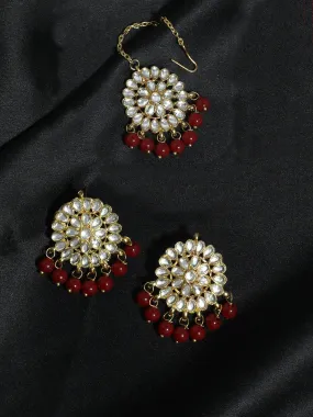 Gold Plated Red Beads Kundan Dangler Earrings with Maangtikka for Women