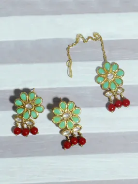 Gold Plated Red Beads Lime Green Kundan Dangler Earrings with Maangtikka for Women