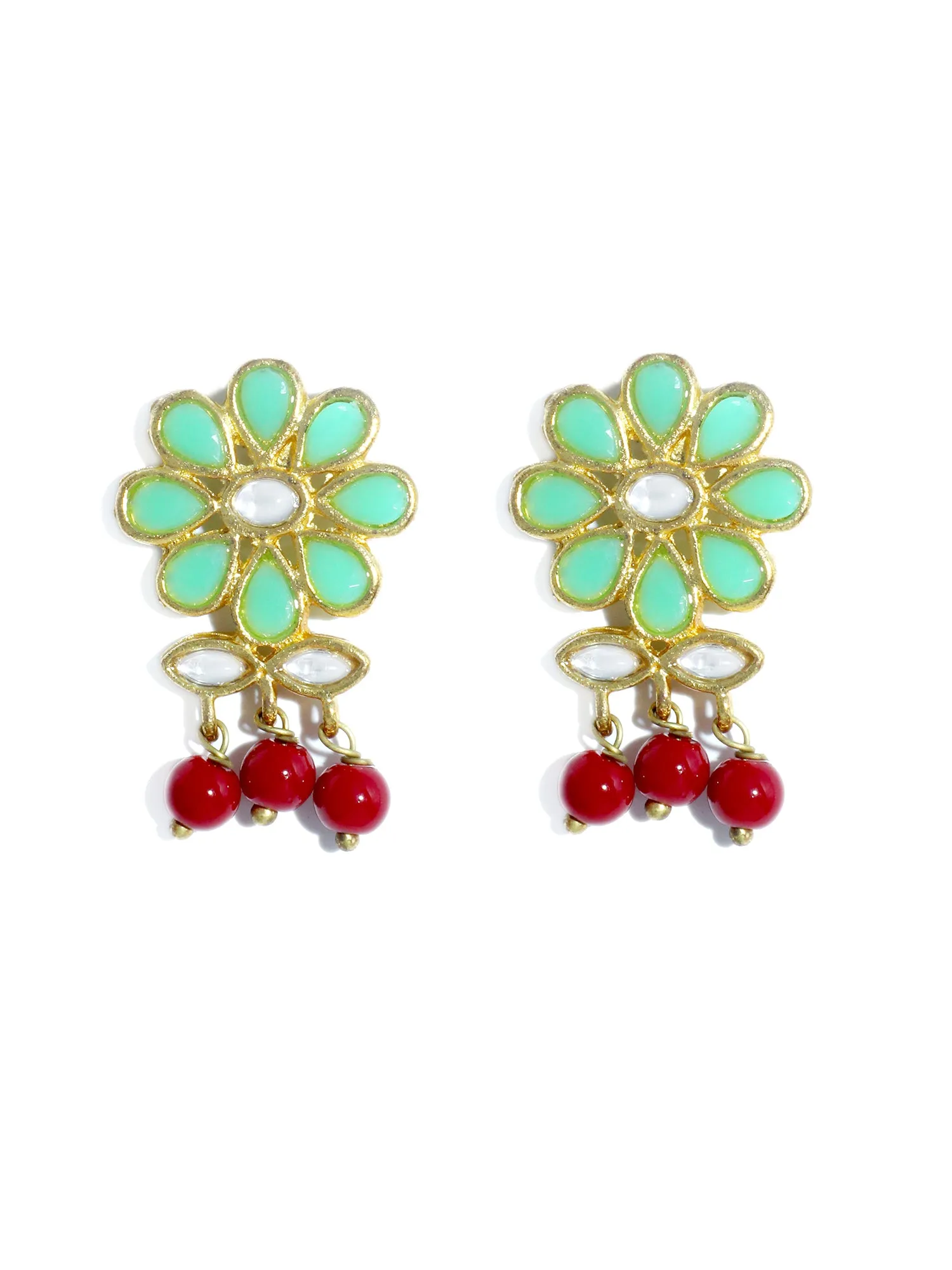 Gold Plated Red Beads Lime Green Kundan Dangler Earrings with Maangtikka for Women