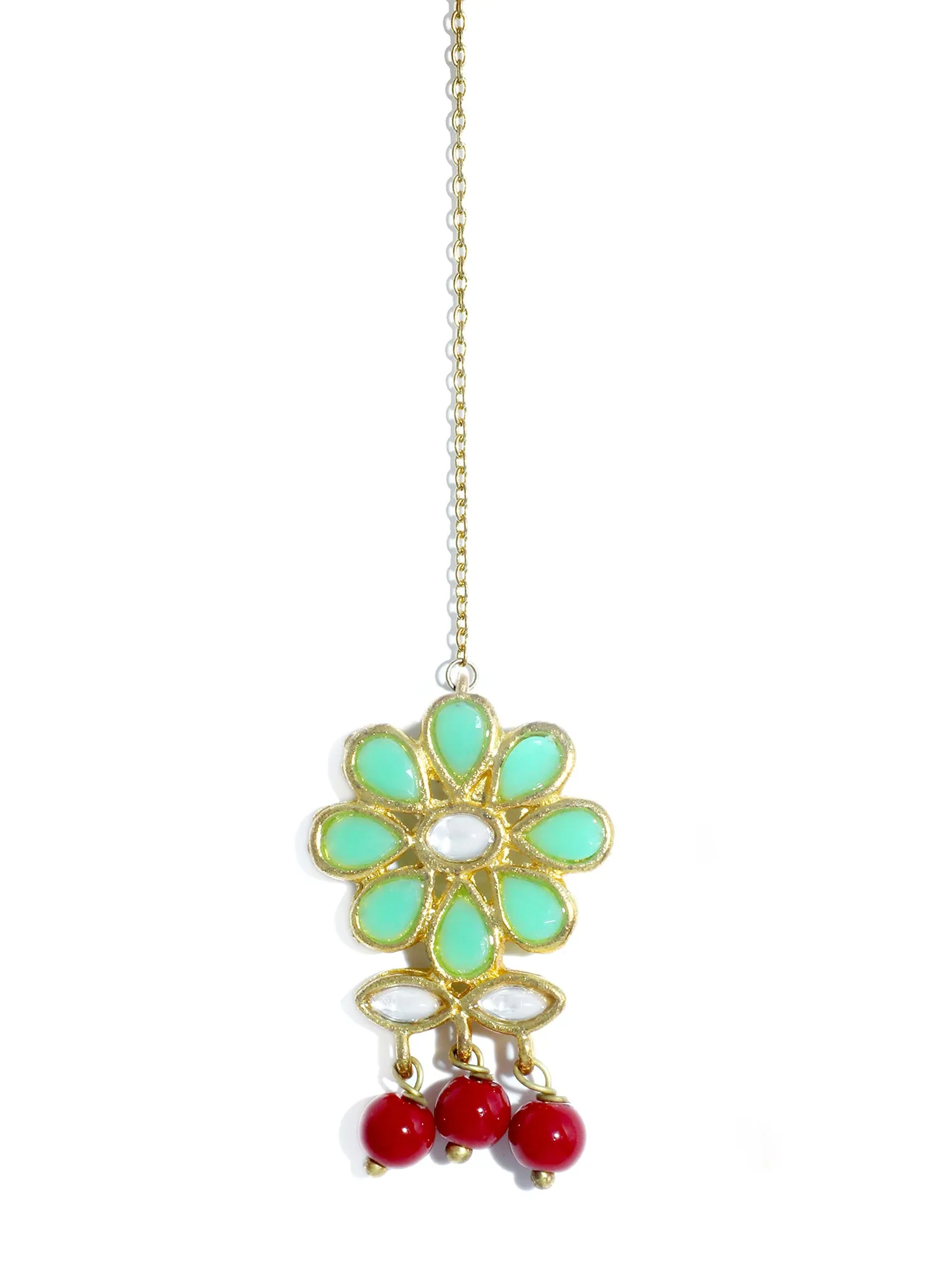 Gold Plated Red Beads Lime Green Kundan Dangler Earrings with Maangtikka for Women